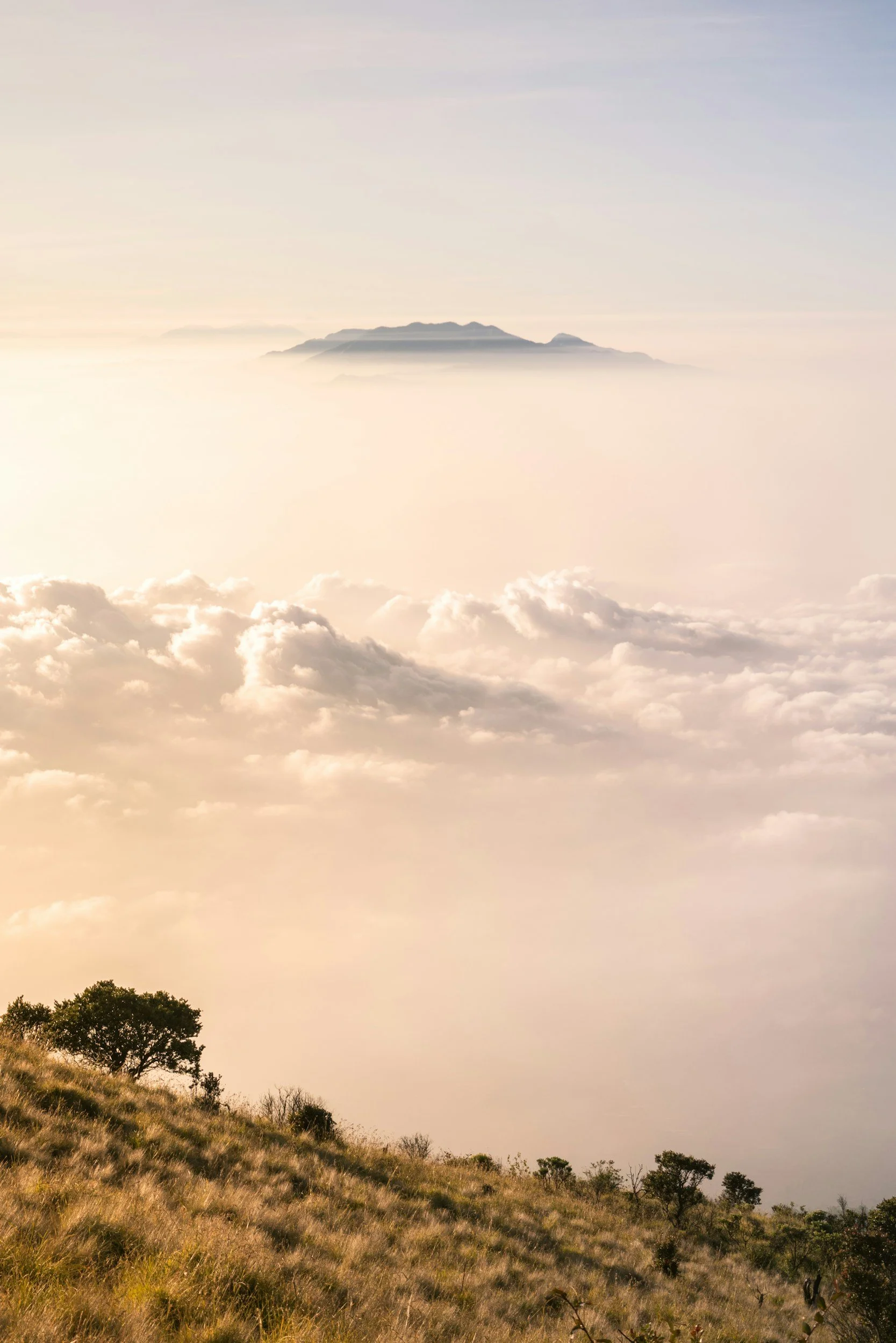 Landscape with a grassy hillside, trees, clouds, and a distant mountain or island shrouded in mist.