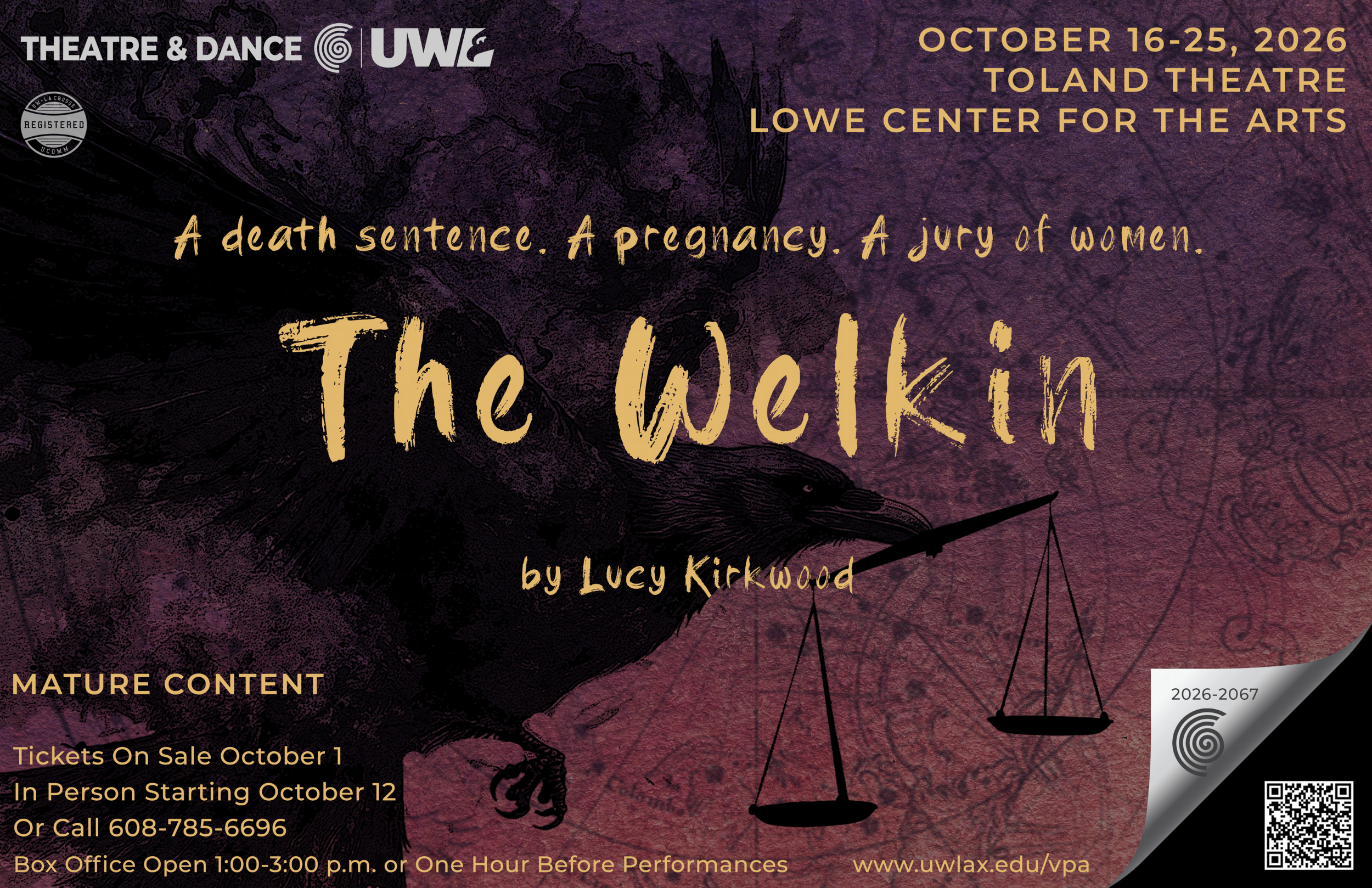 Poster for UWL's production of THE WELKIN, picturing a large crow holding the scales of justice.