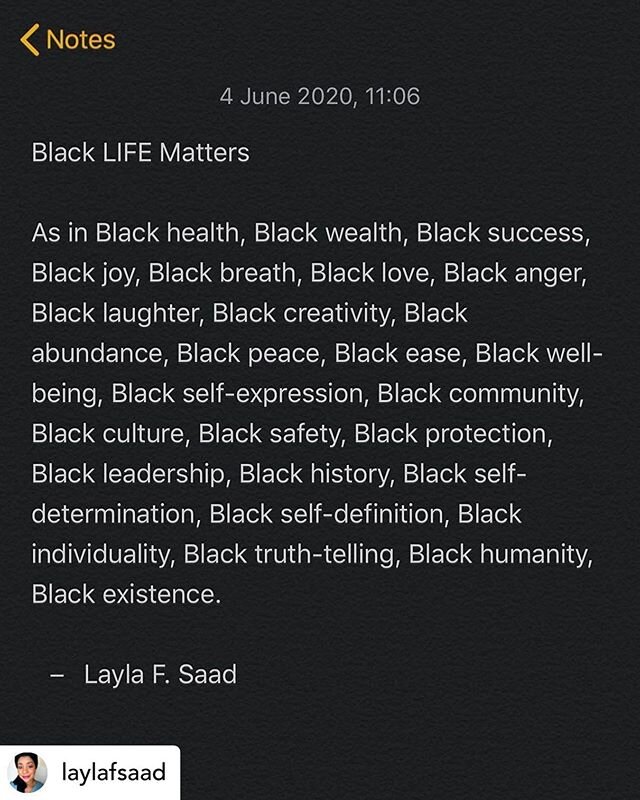 This about more than eliminating race based violence. This is about celebrating all of the facets of Black lives and Black experiences.

#amplifymelanatedvoices #antiracism #blacklivesmatter 
Posted @withregram &bull; @laylafsaad Black LIFE matters.