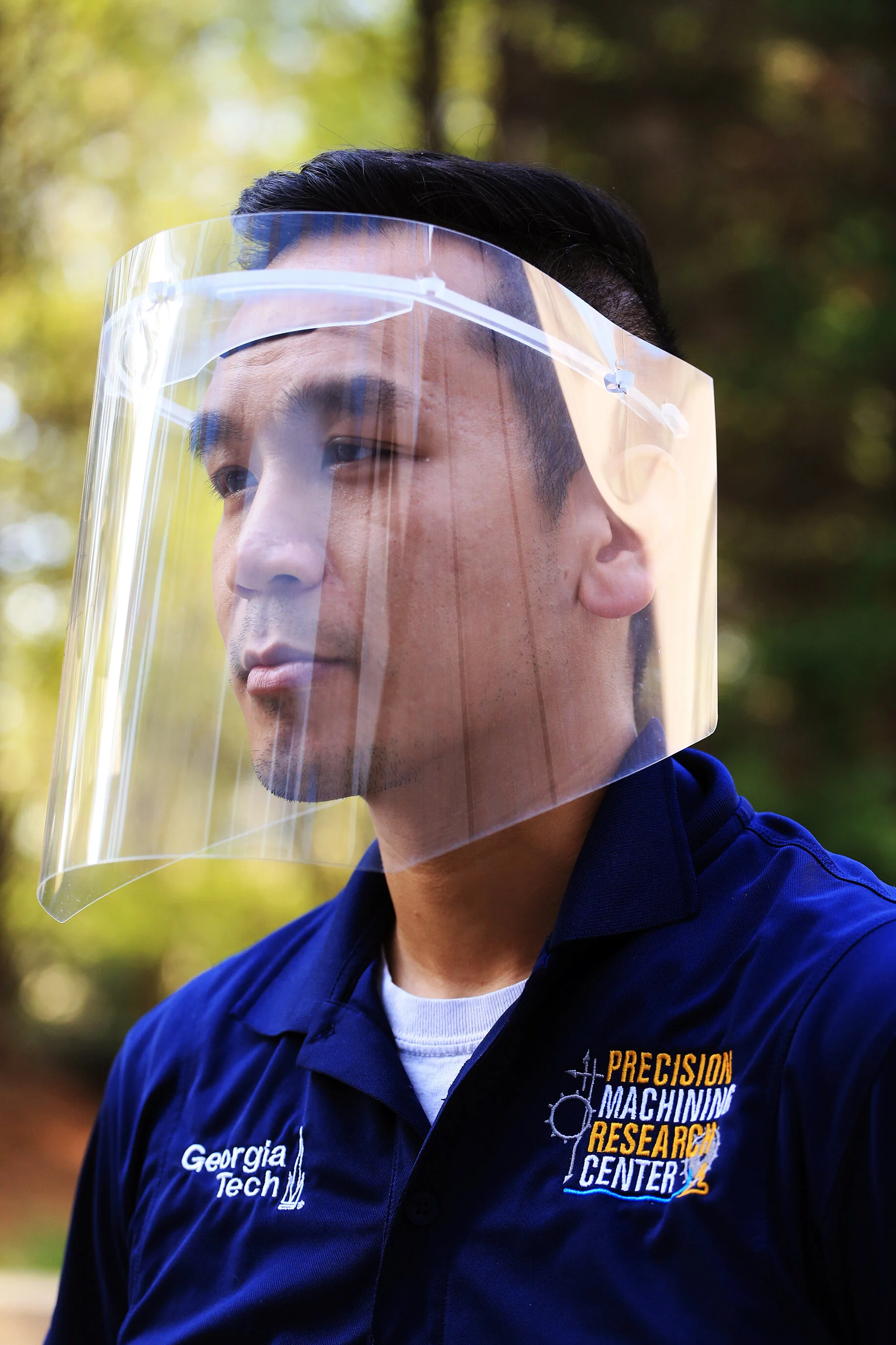  Dr. Christopher Saldana, associate professor at Georgia Tech, poses for a photo in a donated protective mask on Thursday, March 26, 2020, at Emory Hospital in Atlanta. The masks were created by Saldana and students at Georgia Tech using 3-D technolo