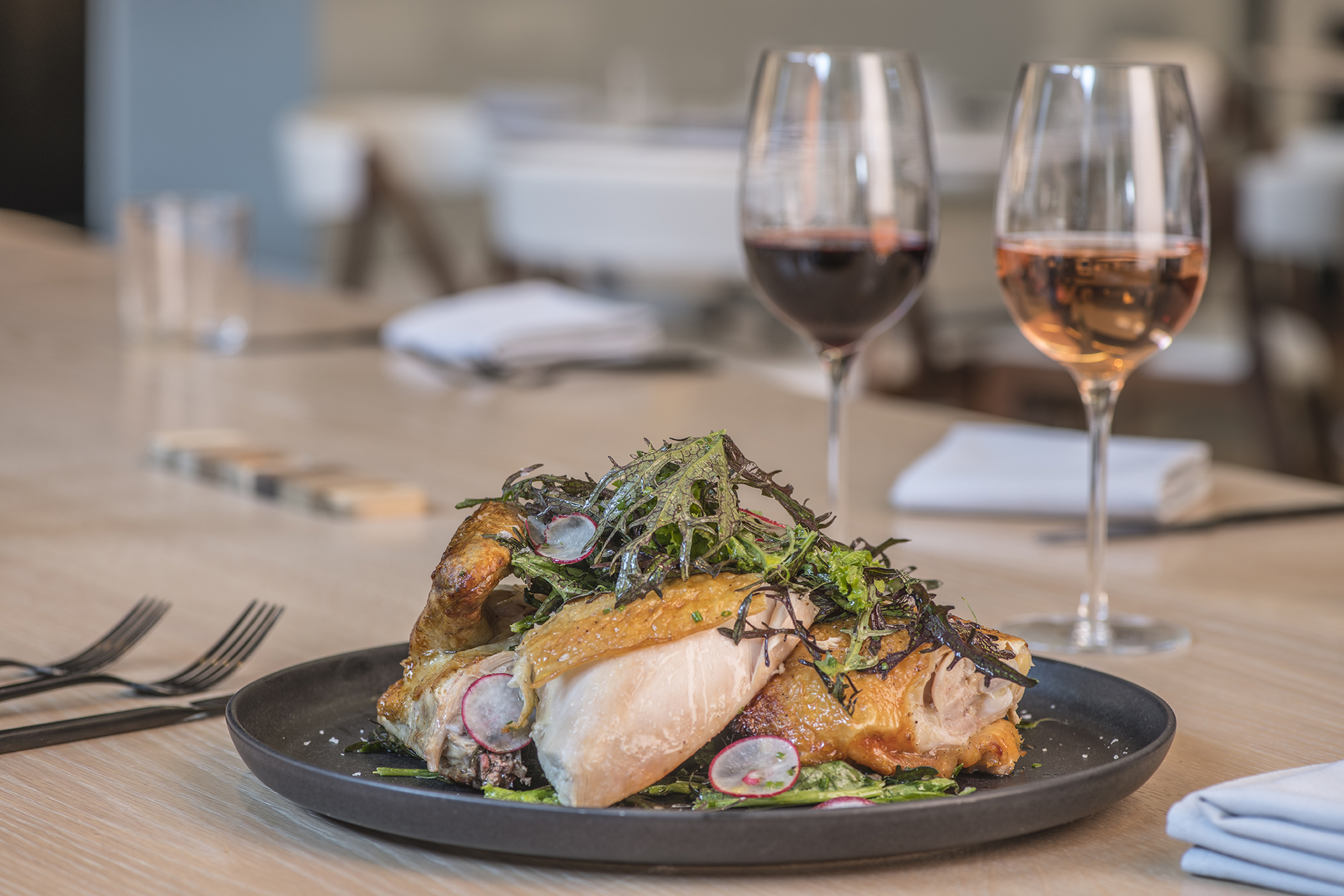  Roasted Gerber farms chicken, mustard greens, radish, chives, sherry vinaigrette at  Fausto at the CAC . || Image:  Twin Spire Photography - Published: 10.2.2019 