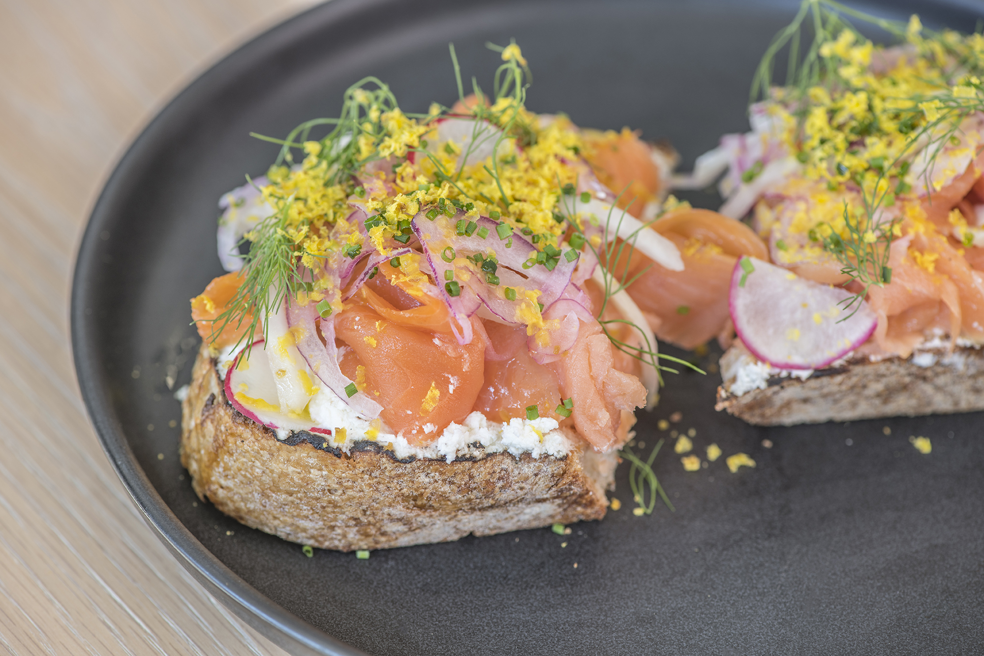  Smoked salmon tartine with fromage blanc, red onion, pickled kohlrabi, cured yolk, dill at  Fausto at the CAC . || Image:  Twin Spire Photography  - Published: 10.2.2019 