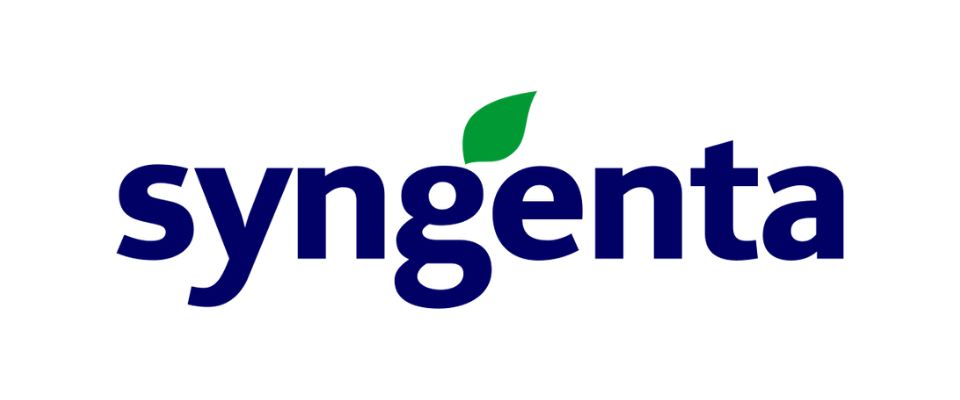 Logotipo de la empresa Syngenta con letras azules y una hoja verde sobre la letra 'n'