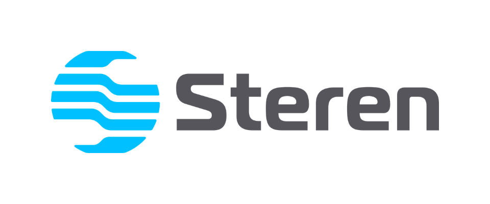 Logotipo de Stereo con forma de esfera y líneas azules acompañando la palabra Stereo en gris