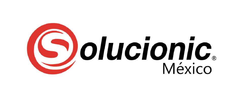 Logotipo de Solucionic México que tiene un símbolo rojo y letra negra con la palabra 'Solucionic' y 'México' debajo.
