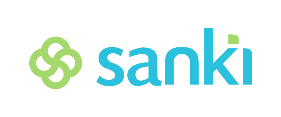 Logotipo de Sanki con un símbolo de tres eslabones verdes entrelazados y la palabra 'sanki' en letras azules.