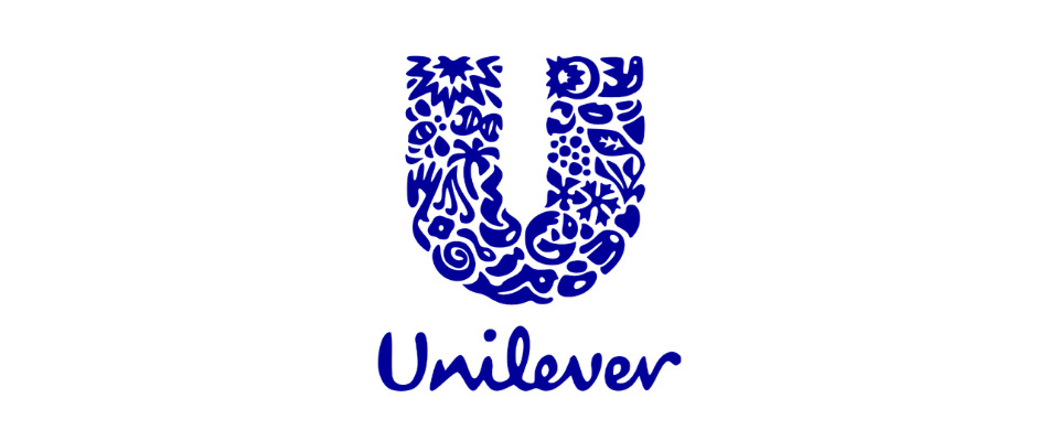 Logotipo de Unilever formado por una variedad de símbolos y productos en color azul.
