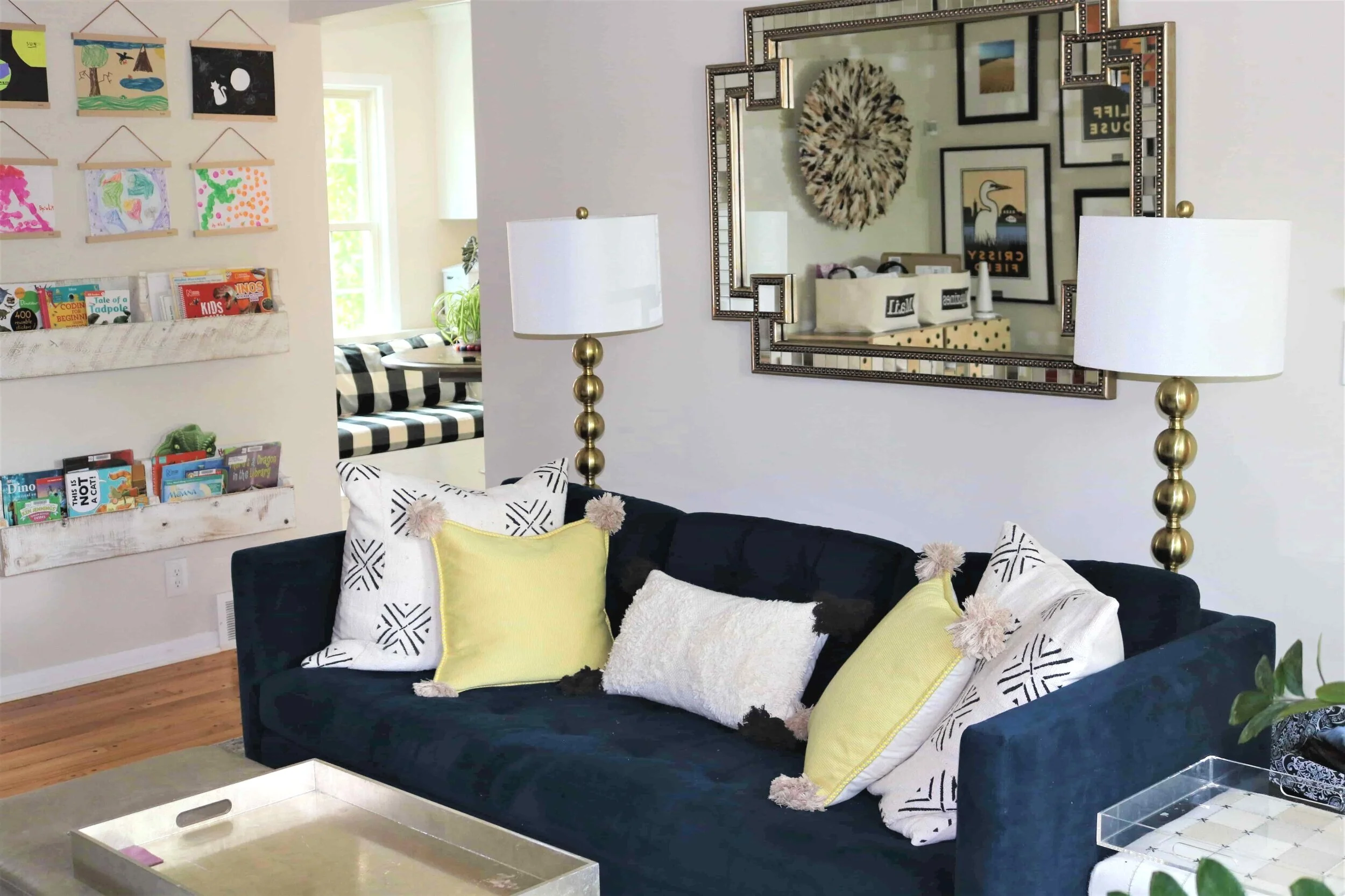 LAMPS, MUD CLOTH PILLOWS AND LUMBAR PILLOWS: HOUZZ; MIRROR: HORCHOW