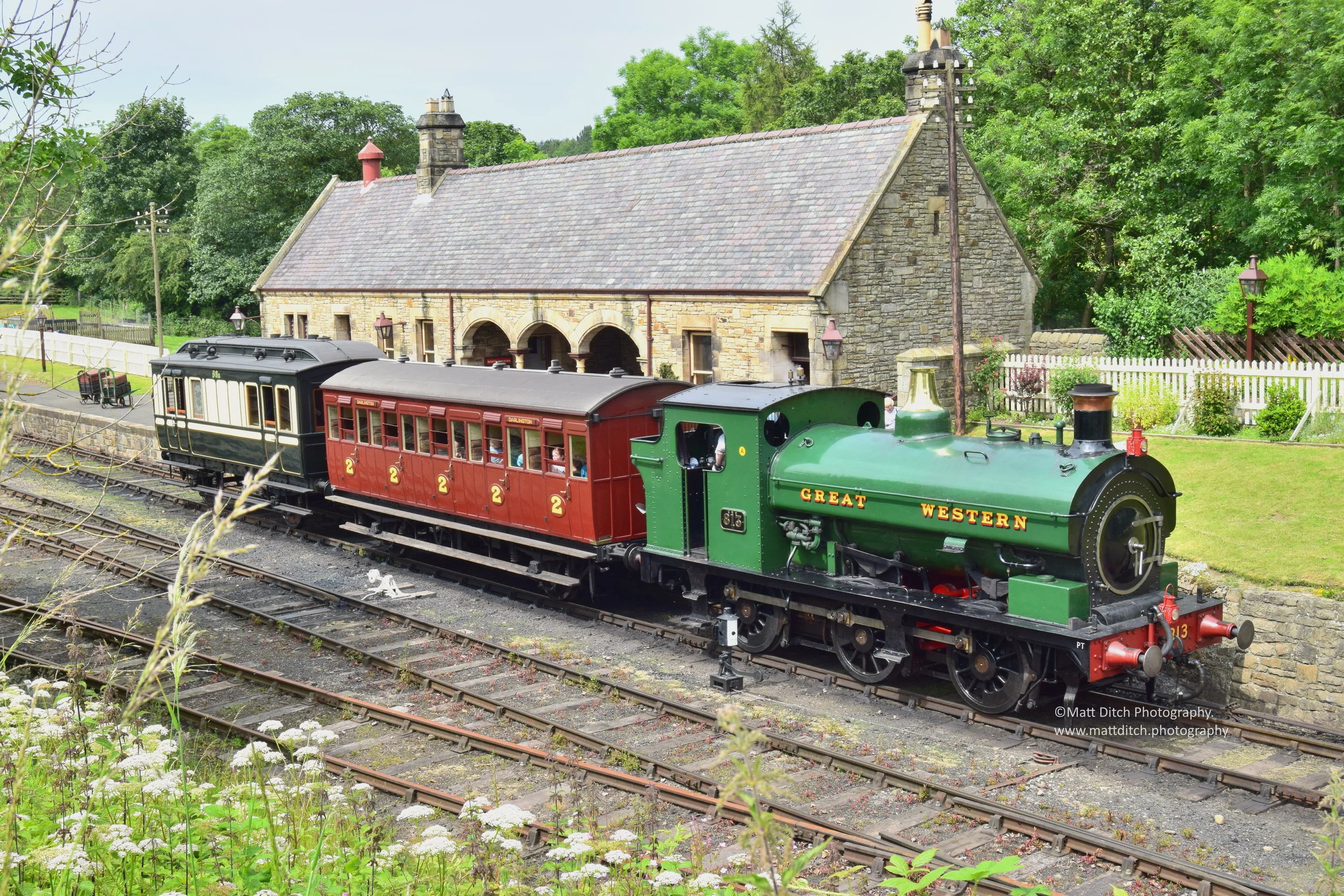  GWR No.813 departs Rowley station with a short train made up of the Furness Railway trusts North London Railway 2nd class coach and the Duke of Sutherland's coach. 