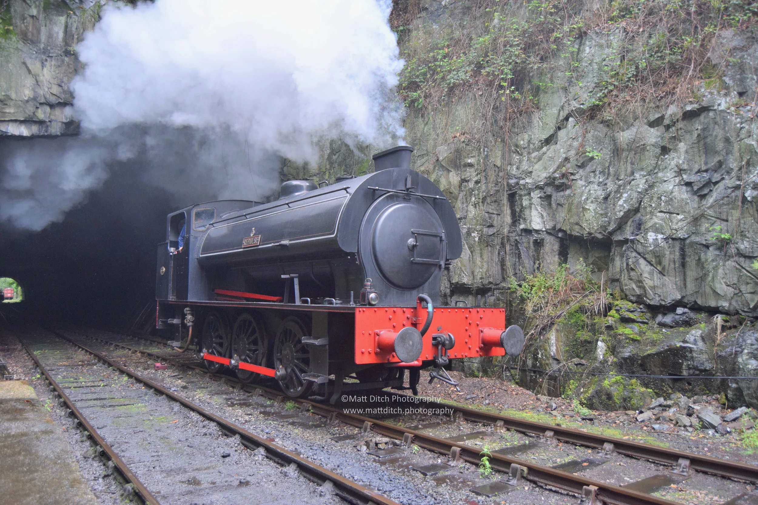  Repulse emerging from the rather rock lined tunnel at Haverthwaite. 