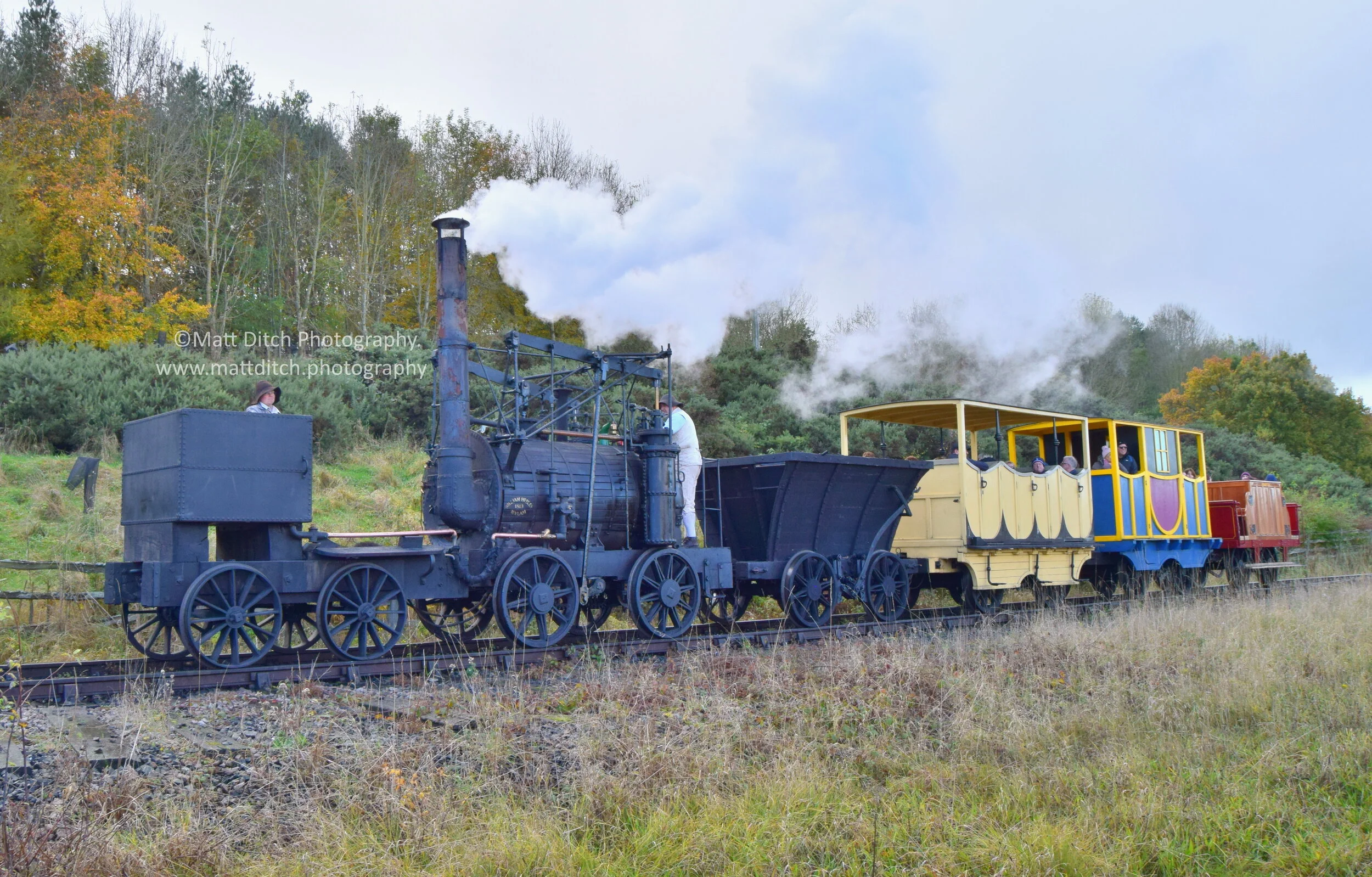 “Puffing Billy” hauling the recreated wagonway train towards the end of the running line. Note the Replica “Brampton” carriage at the rear. 
