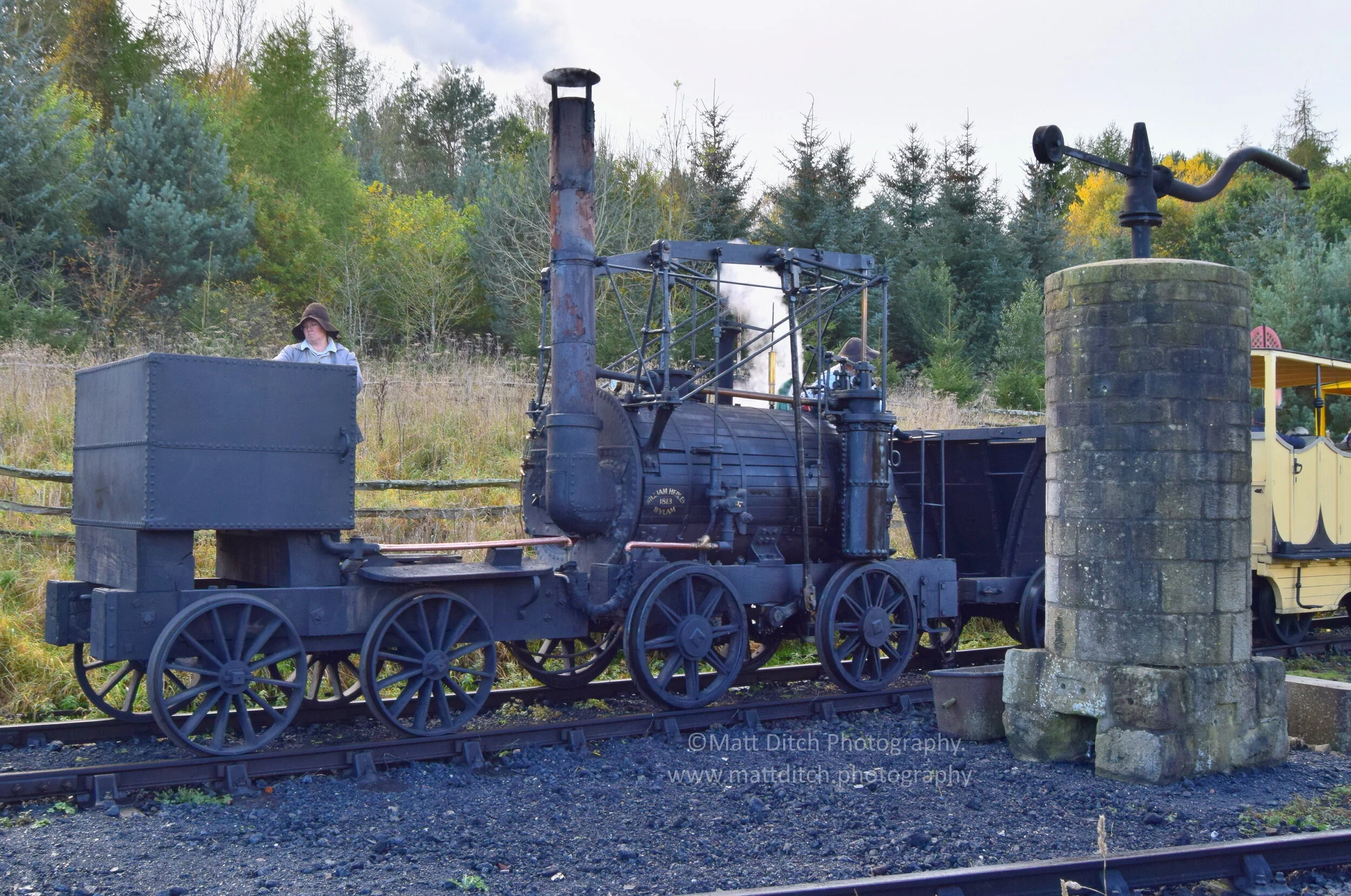  “Puffing Billy” passes the replica Stanhope &amp; Tyne water column. The original stood near Weatherhill Incline. 