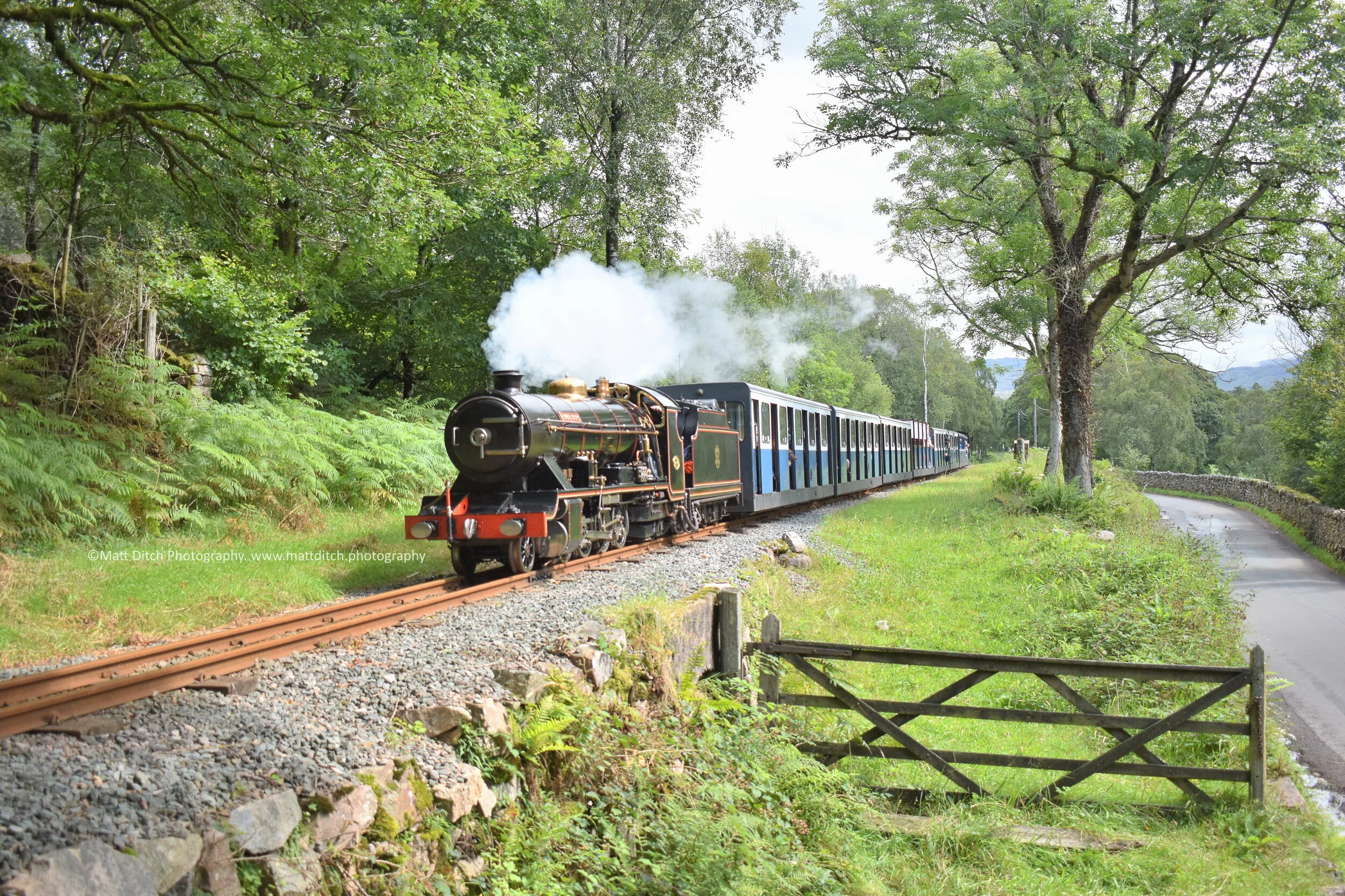 "River Esk" at Beckfoot Forge with the first return train of the day from Dalegarth 