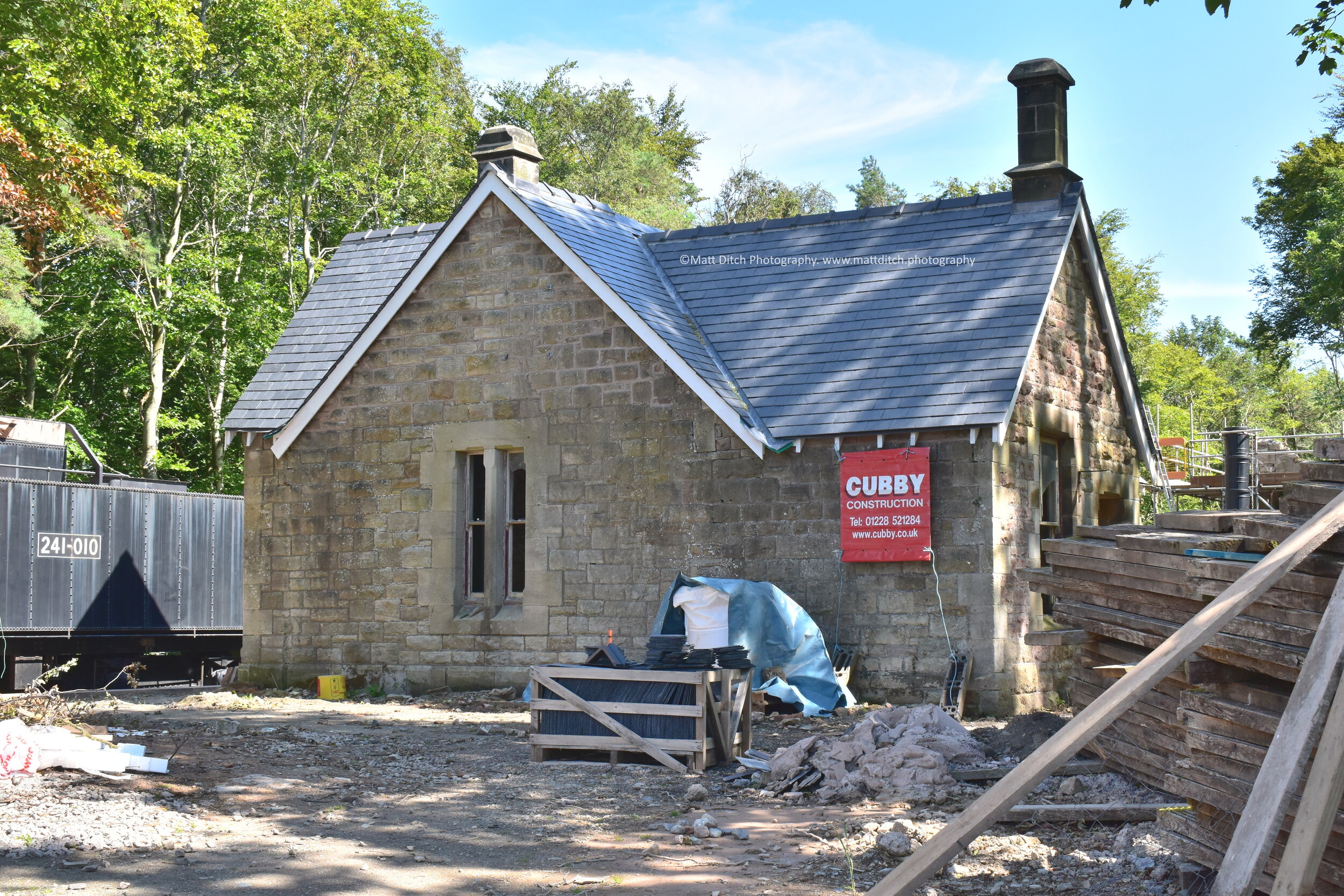 The main station building undergoing extensive repairs, which have included a new roof. 