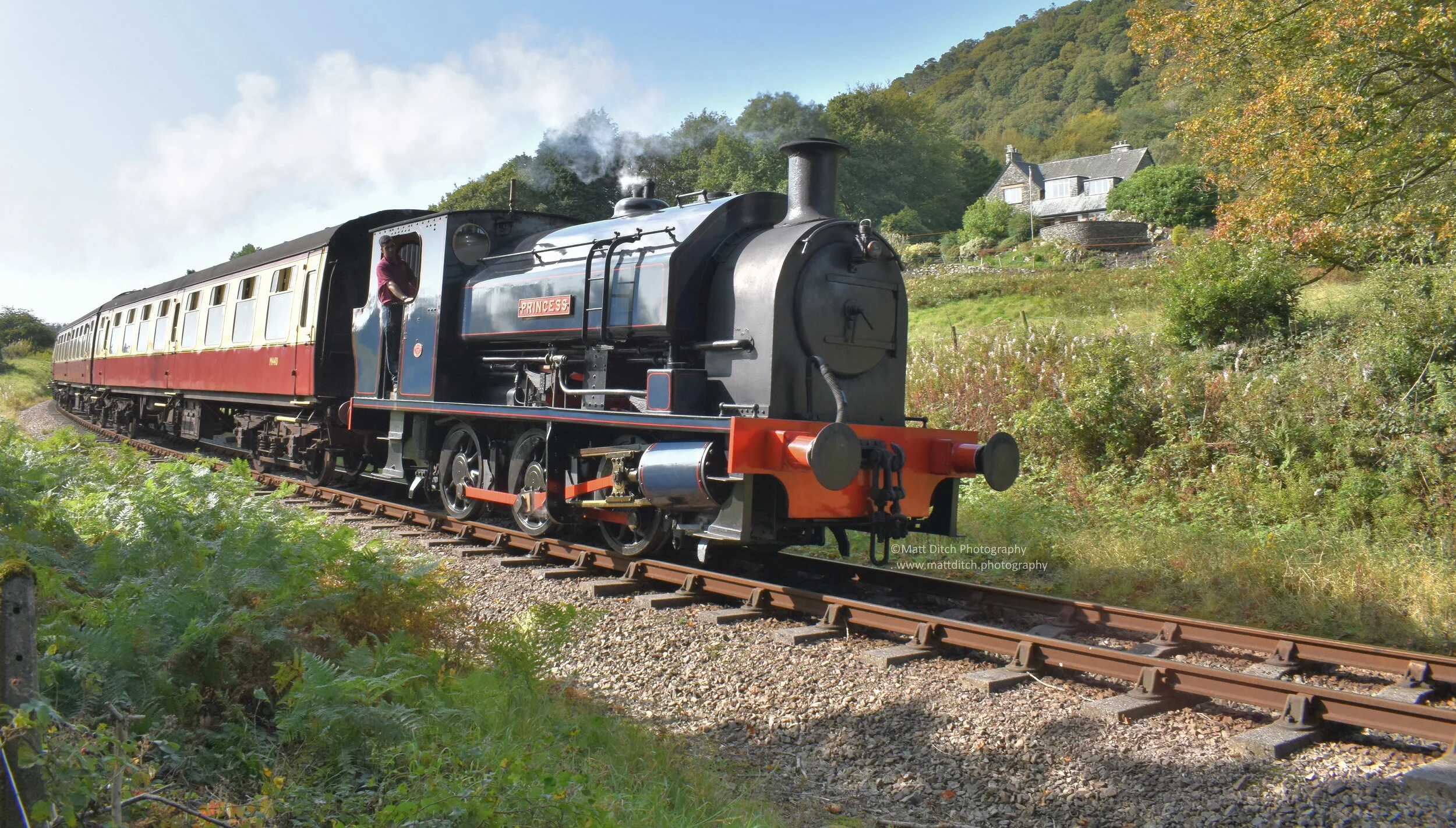 Near the Swan hotel with a train for Lakeside.