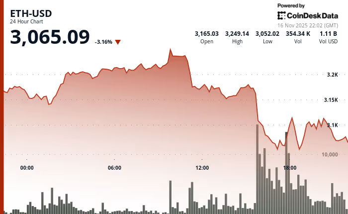Ether Dips Below $3,100; Investment Manager Says Market Views ETH as 'More Risky' Than BTC