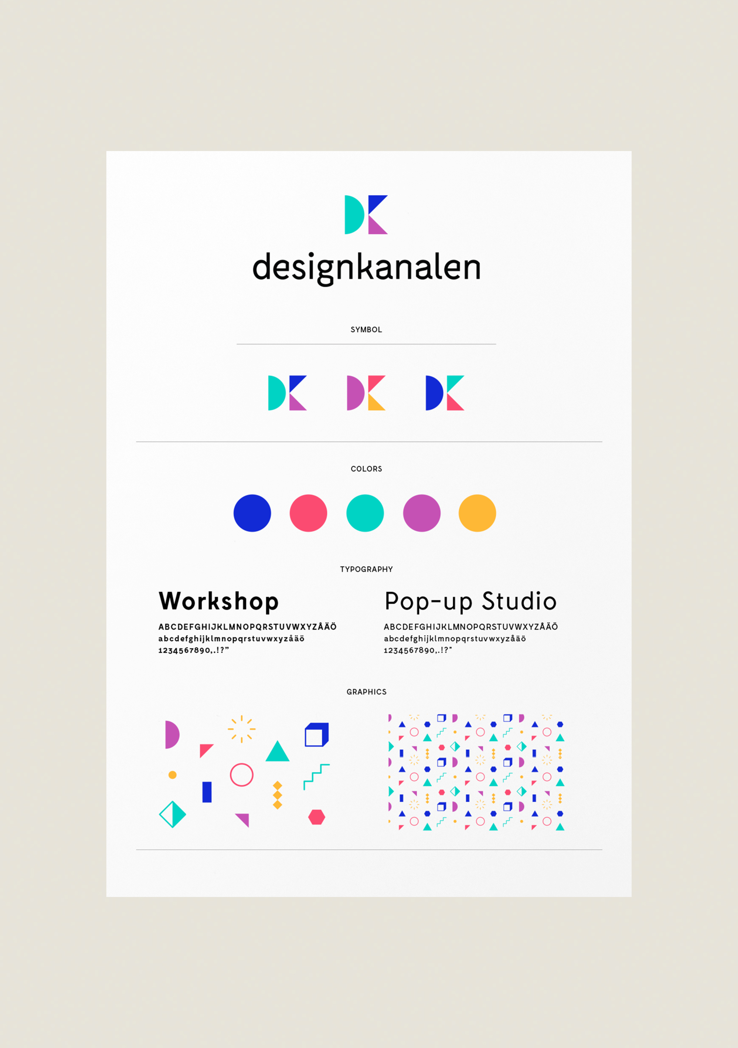In collaboration with Lisa Alm and Helena Baude, I created the visual identity for Designkanalen which includes a logo, a symbol, a color palette and a custom-made pattern. Designkanalen is a initiative which aims to include, educate and inform young people with unprivileged backgrounds about design in purpose to nuance the otherwise uniform design profession. The visual direction aims to capture the basics of graphic design elements in a playful way. The symbol is made from basic forms which also is used in the pattern. The color palette is based upon the concept of RGB – red, green and blue. The wordmark is grounded in a common used font – Helvetica – but updated with a contemporary touch. Designkanalen was initiated 2015 and is today active in Gothenburg. They share inspirational content and create pop-up venues, often in suburbs, in order to create a temporary spaces where youngsters with interest but no or little knowledge can meet mentors and practice in the design profession for free. The venues are popular rendezvous and are often visited by the audience.