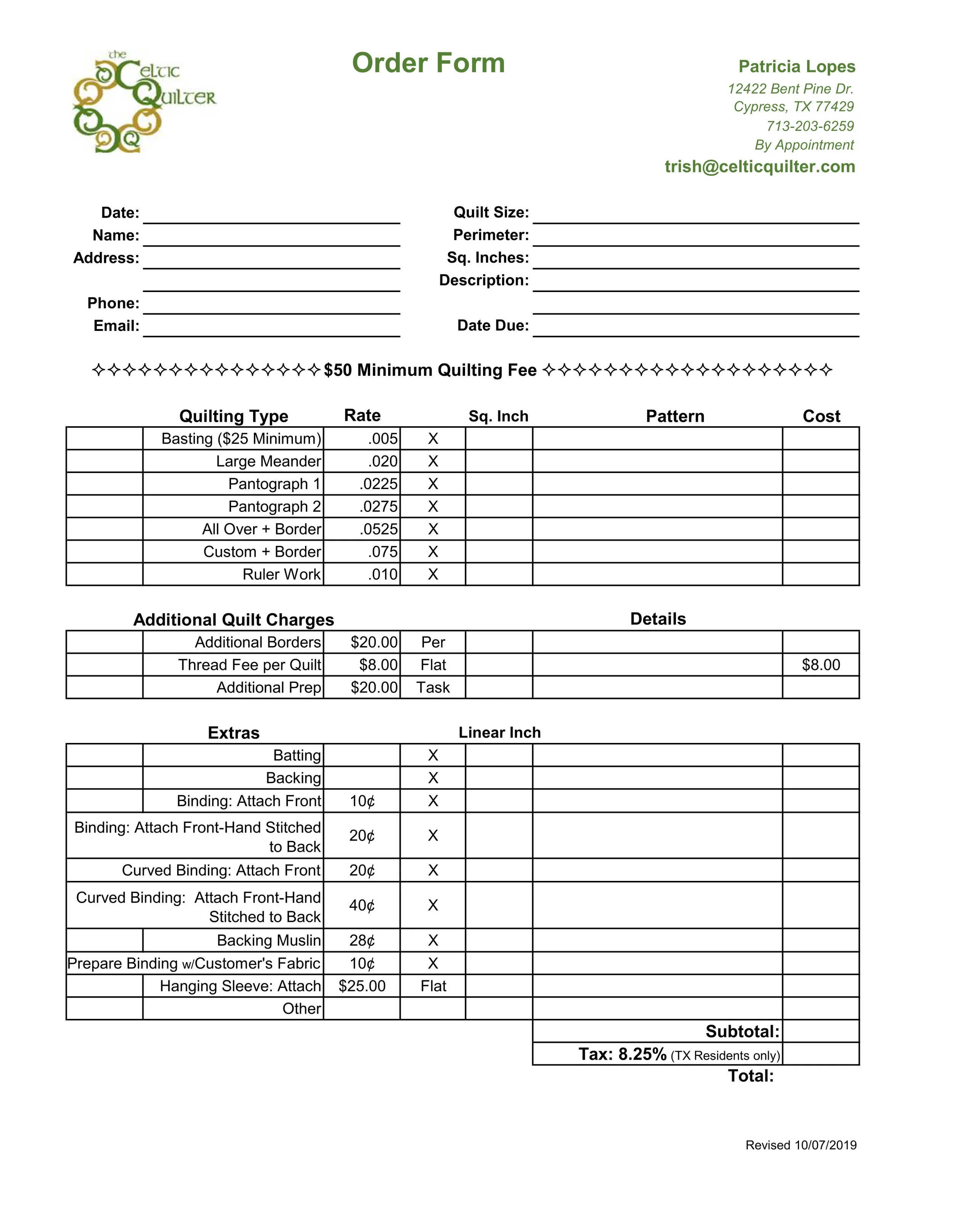 Order Form & Price List — The Celtic Quilter