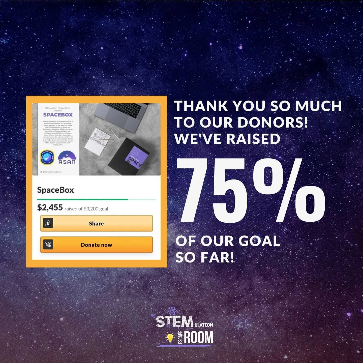 Thank you donors to the moon and back! 🚀💫

It's not too late to get involved in our liftoff. By donating, you will have a chance to become a beta tester of our first box!
-
#spacebox #stemulation #escaperoom #liftoff #gofundme