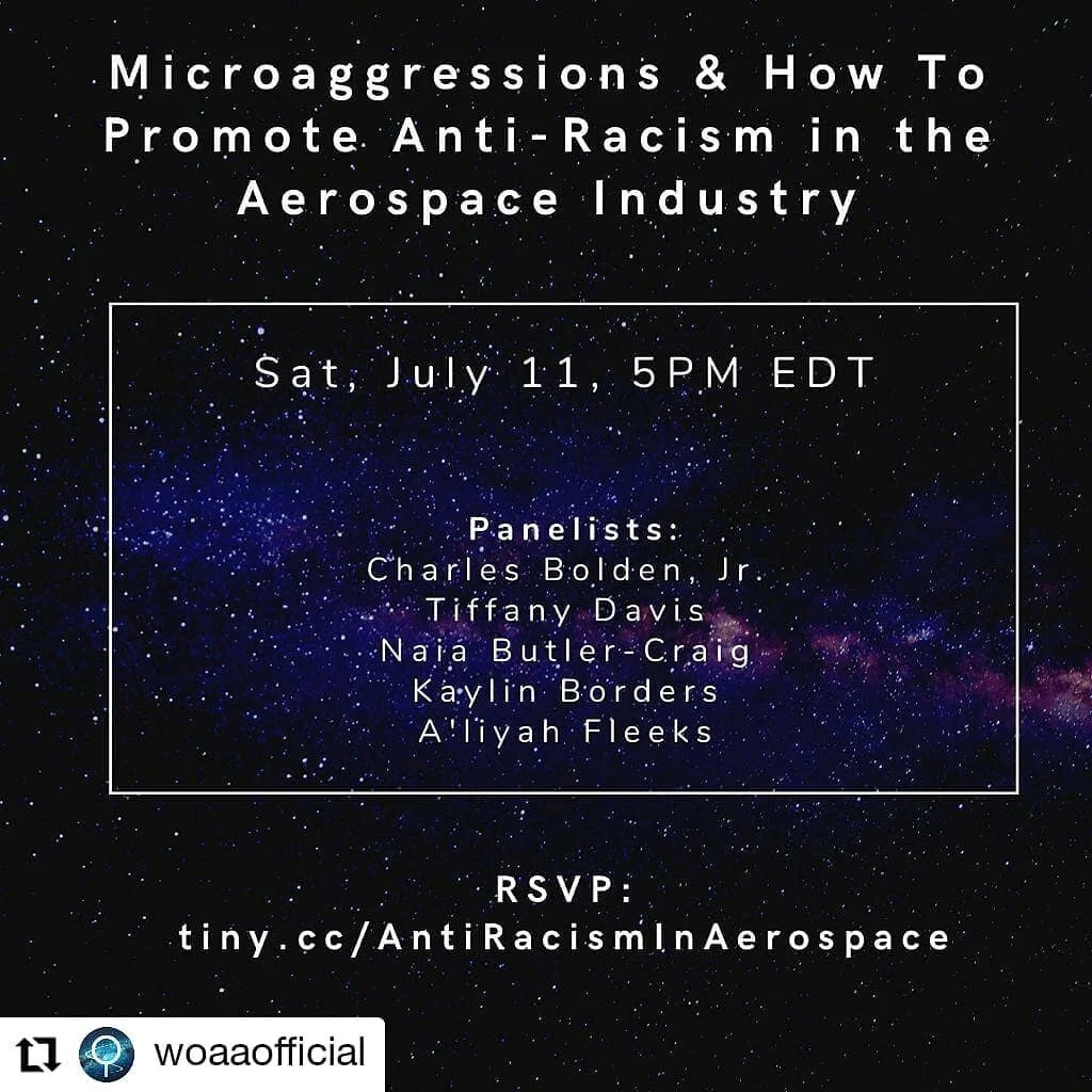 This Saturday, there is an amazing group of panelists including @tiffany_n_davis and @astronaia_ talking about racism in the aerospace industry over at @woaaofficial Check it out this weekend! 🚀
-
#stemulation #aerospace #antiracism #diversity #spac