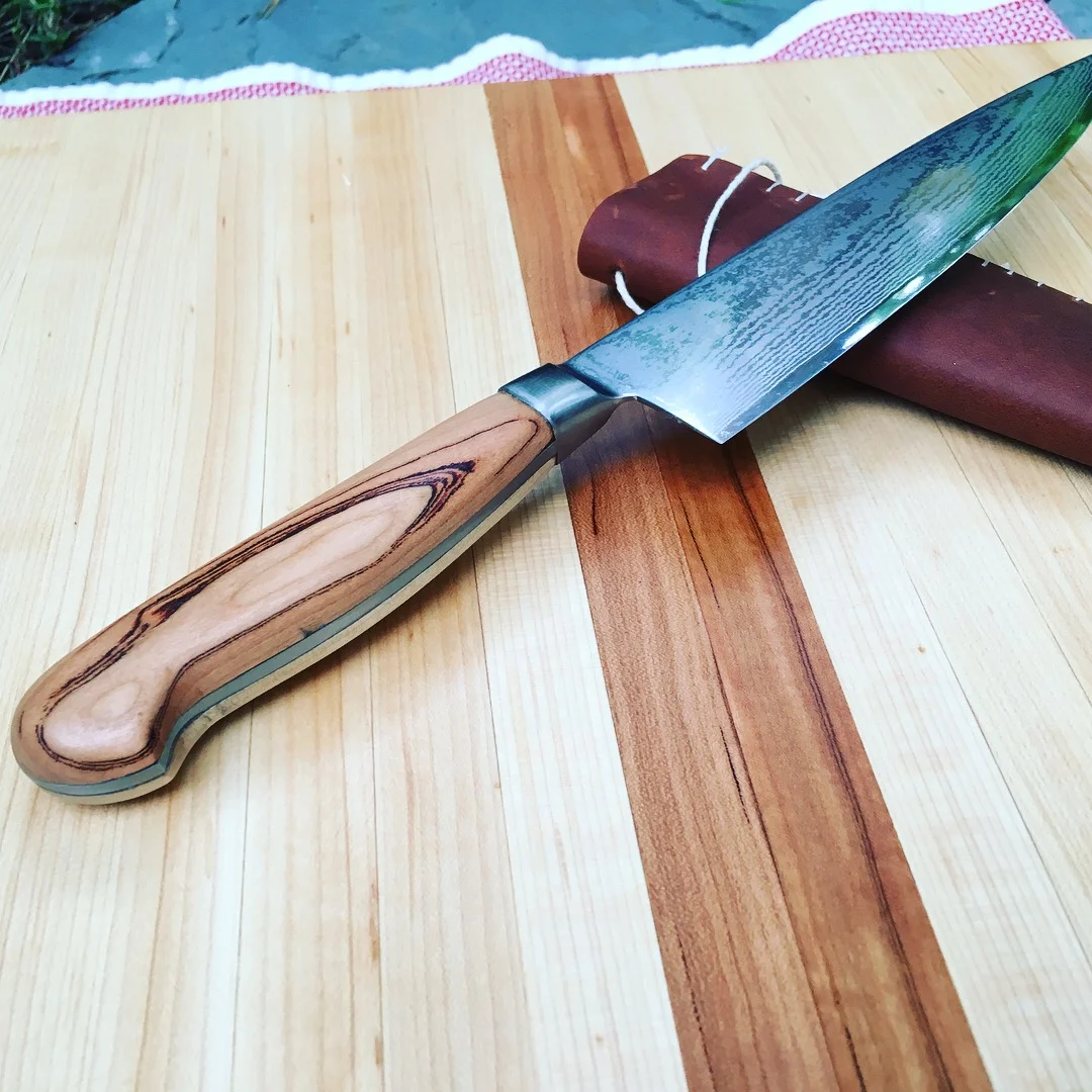 Cutting board + knife - cherry, maple, leather