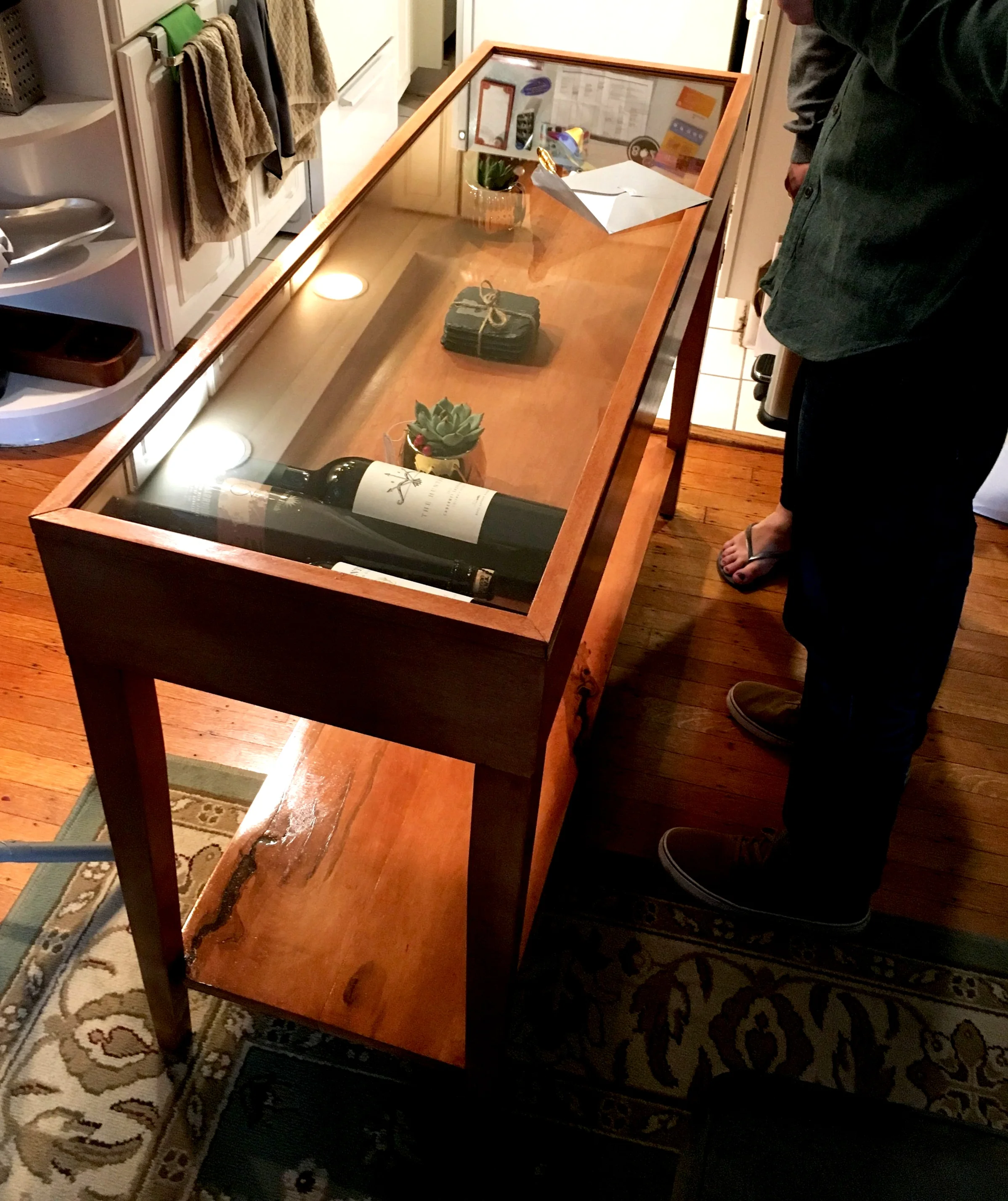 sofa table - maple, glass, waterlox