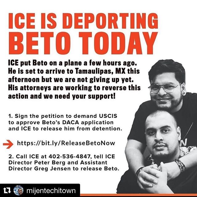 #Repost @mijentechitown
・・・
We got word ICE is moving quickly to deport Beto. Keep signing the petition and making calls! #KeepBetoHome