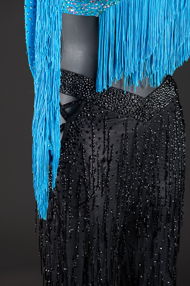 Turquoise Asymmetrical Fringe Top and Black Pants with Beaded Fringe ...