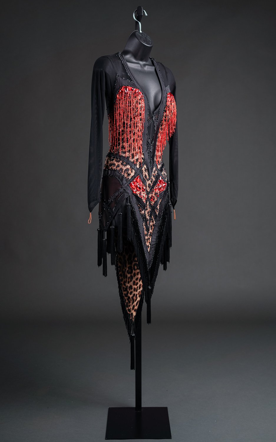 Black Latin with Animal Print and Red Beaded Fringe — DORÉ DESIGNS