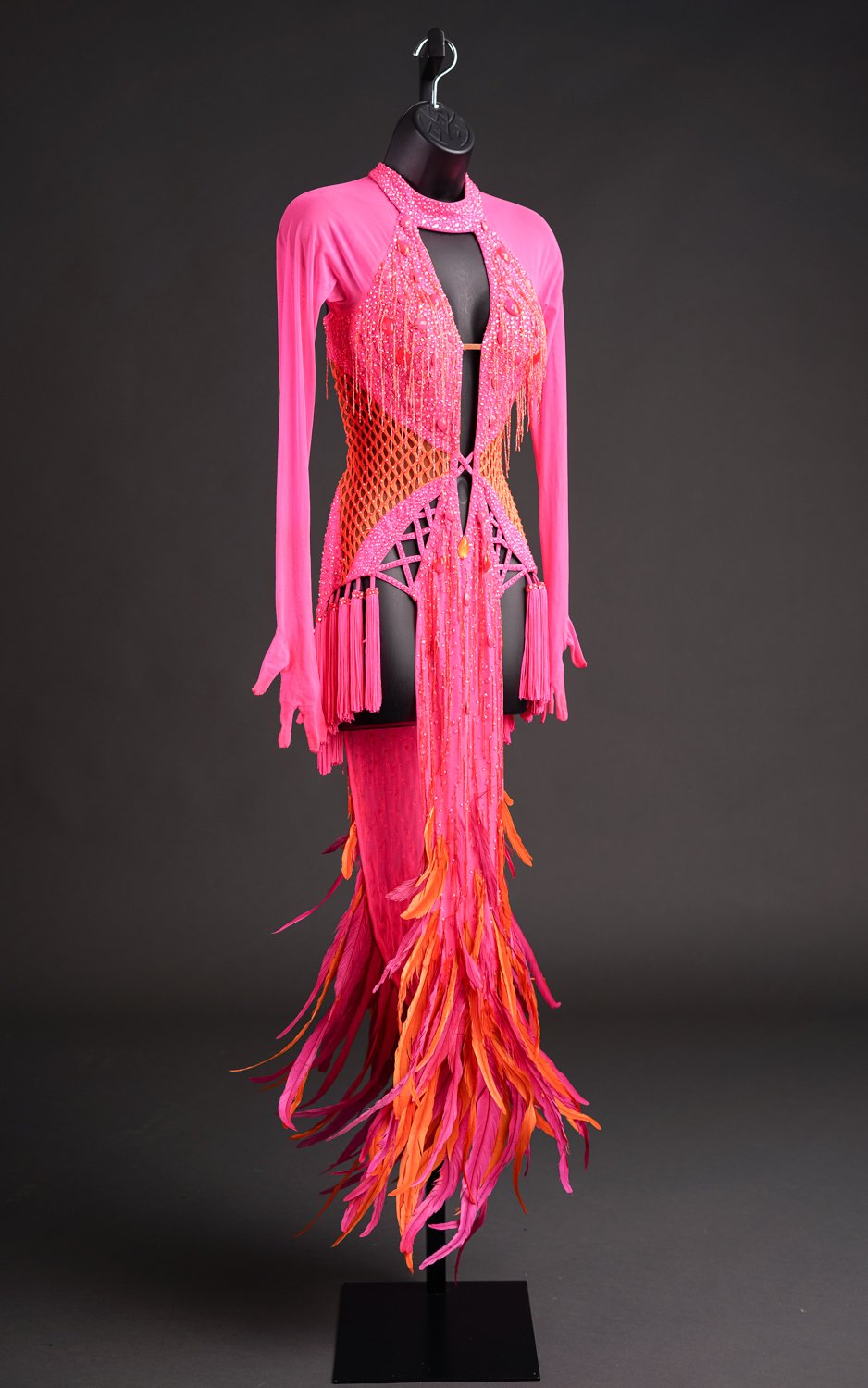 Pink and Orange Latin with Feathers and Fishnet — DORÉ DESIGNS