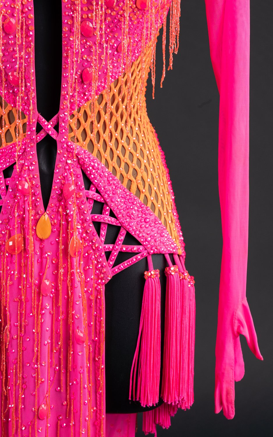 Pink and Orange Latin with Feathers and Fishnet — DORÉ DESIGNS