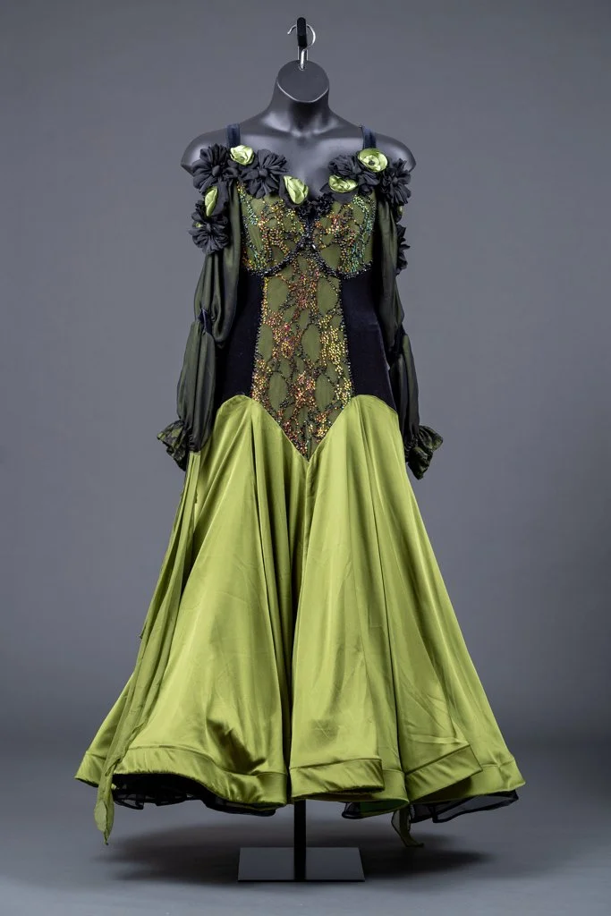 Green and Black Standard with Velvet Sides and Flowers at Neckline
