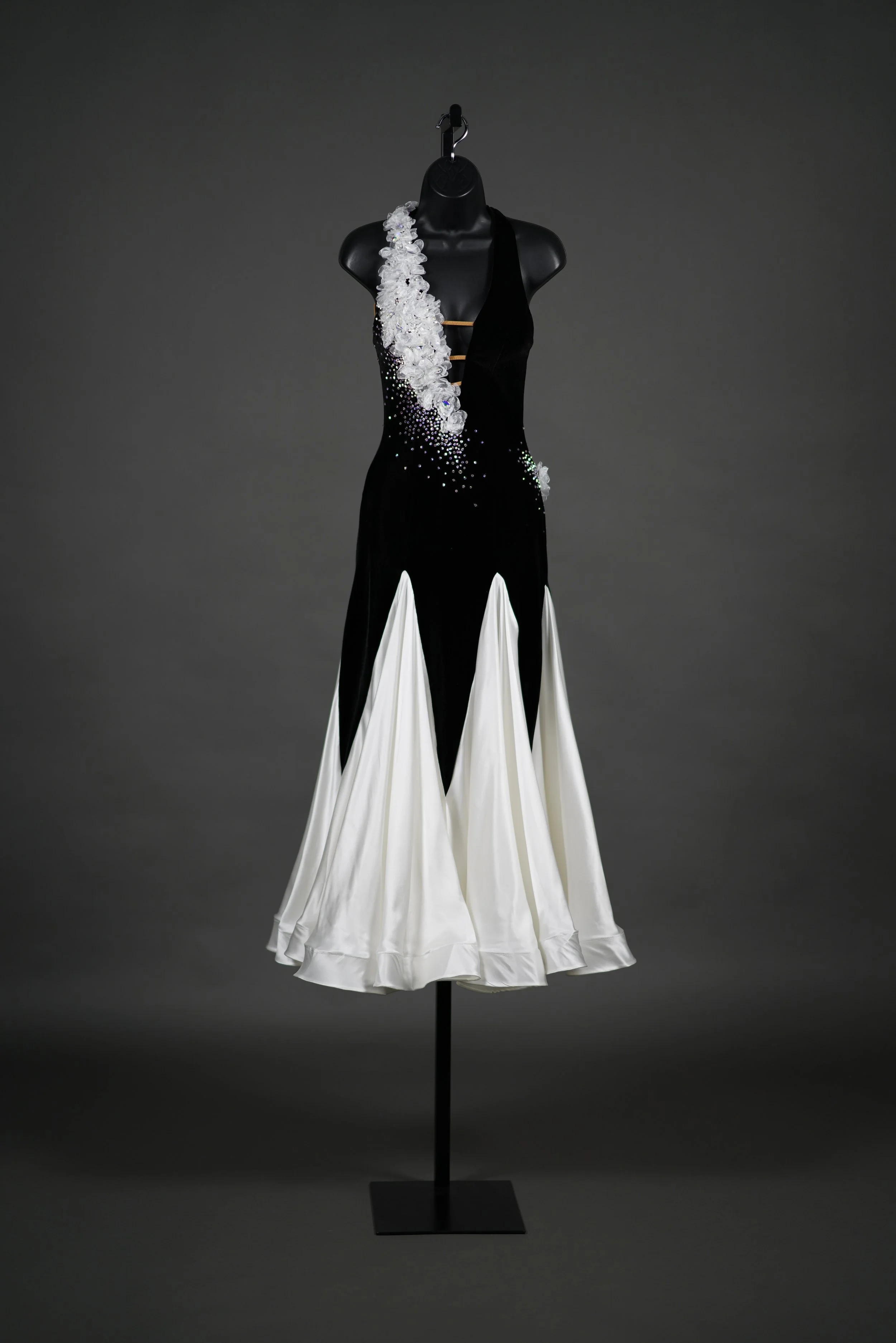 Black Velvet Halter Smooth with White Godets and Flowers