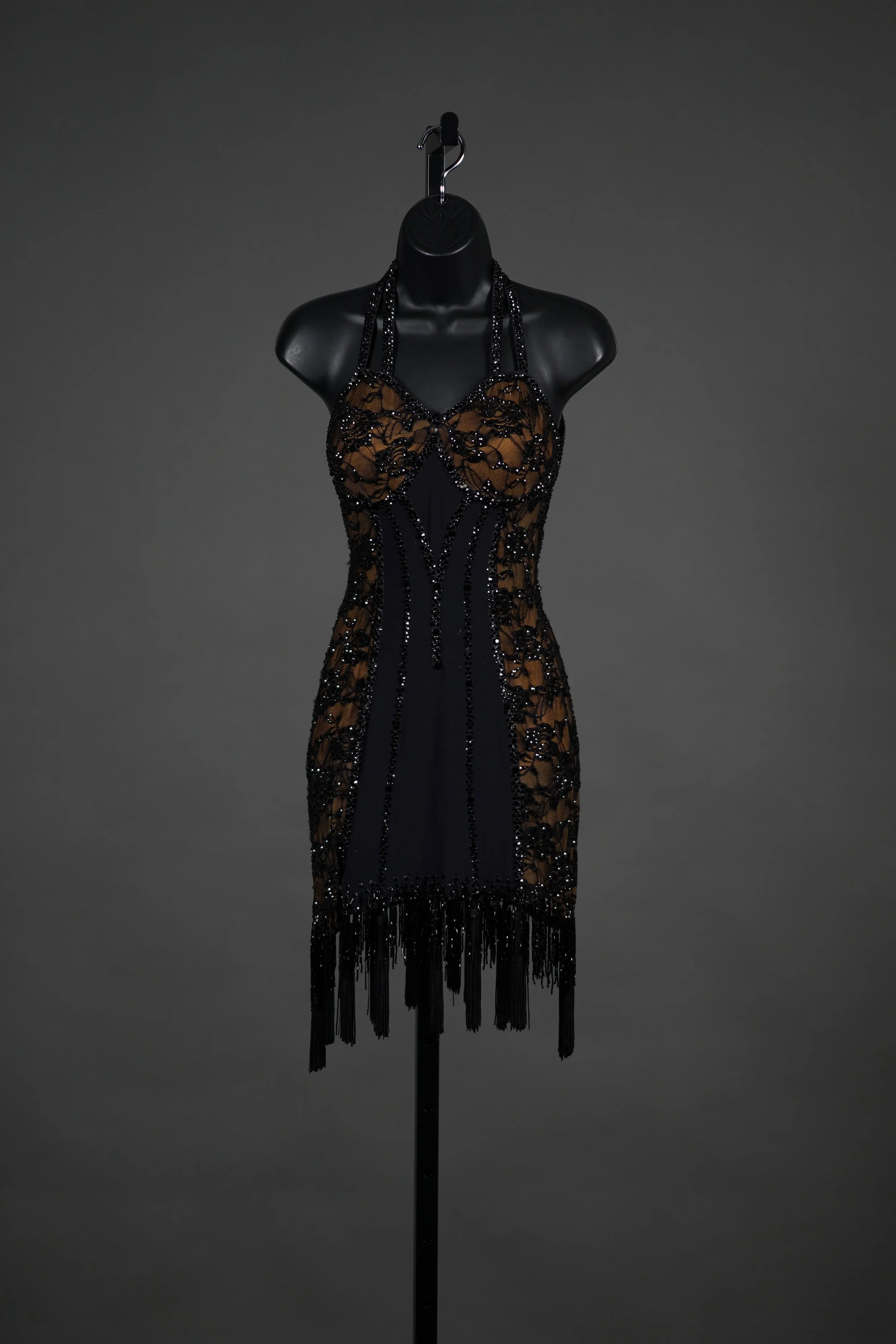Black Lace over Nude Latin with Tassels