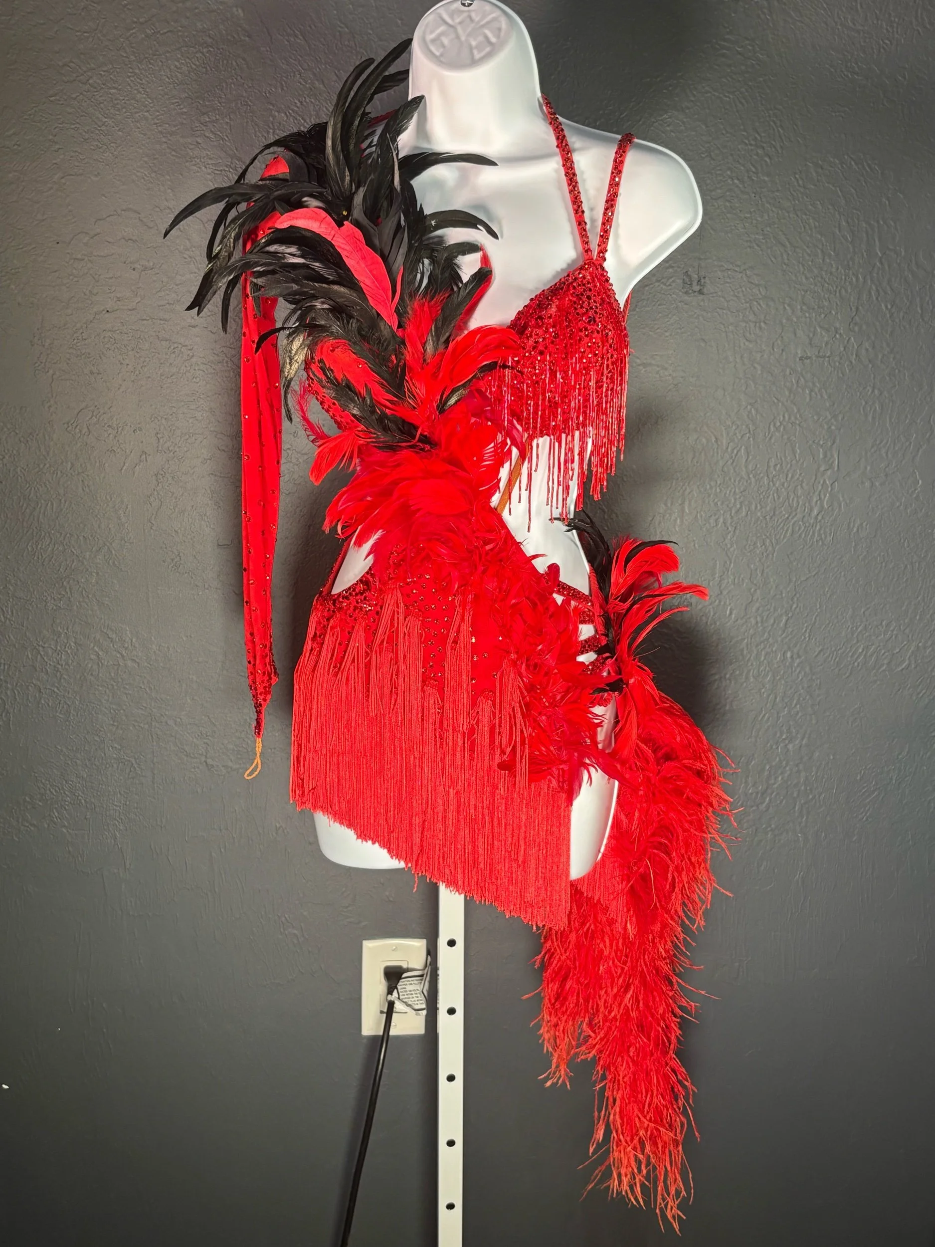 Red Fringe Latin with black and red feathers