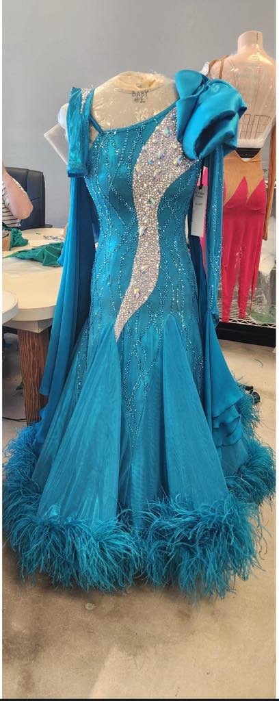 Metallic Turquoise Standard with Boas and 3D Shoulder Piece