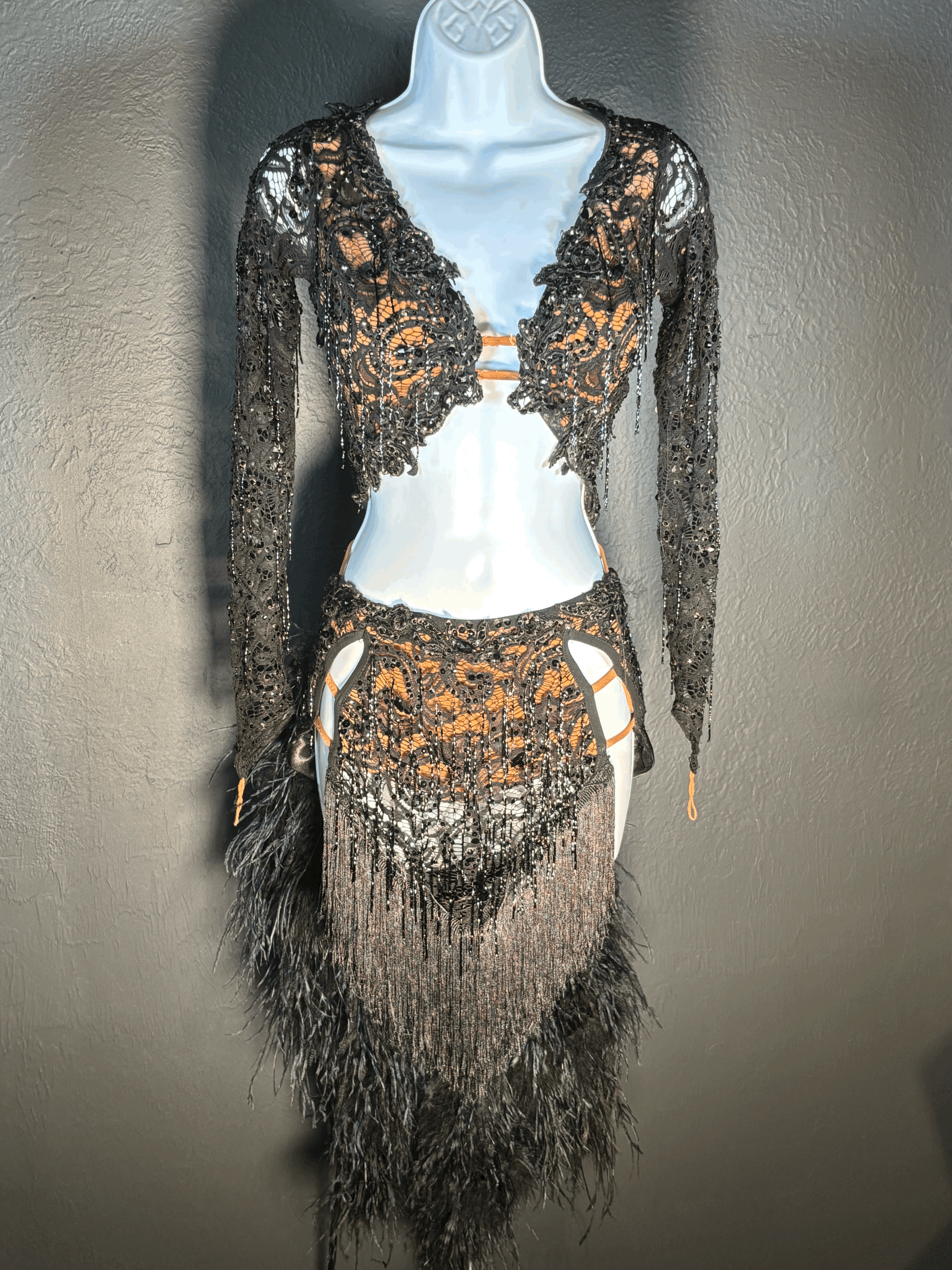 Black Lace Latin with Boa Back and Fringe Open Front