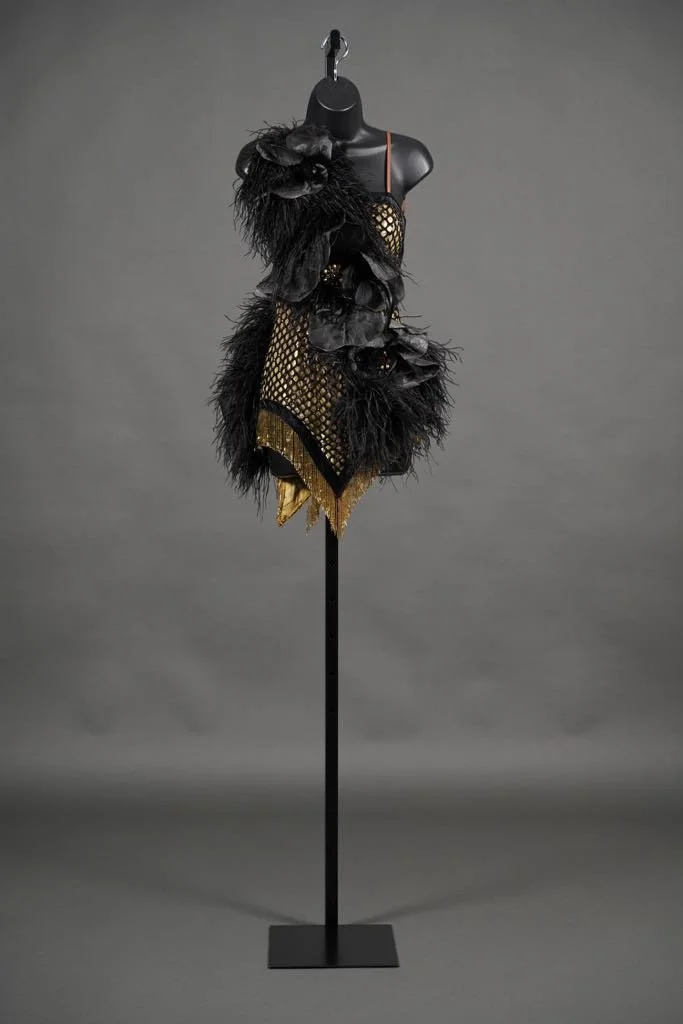 Gold Latin with Black Flowers and Fishnet