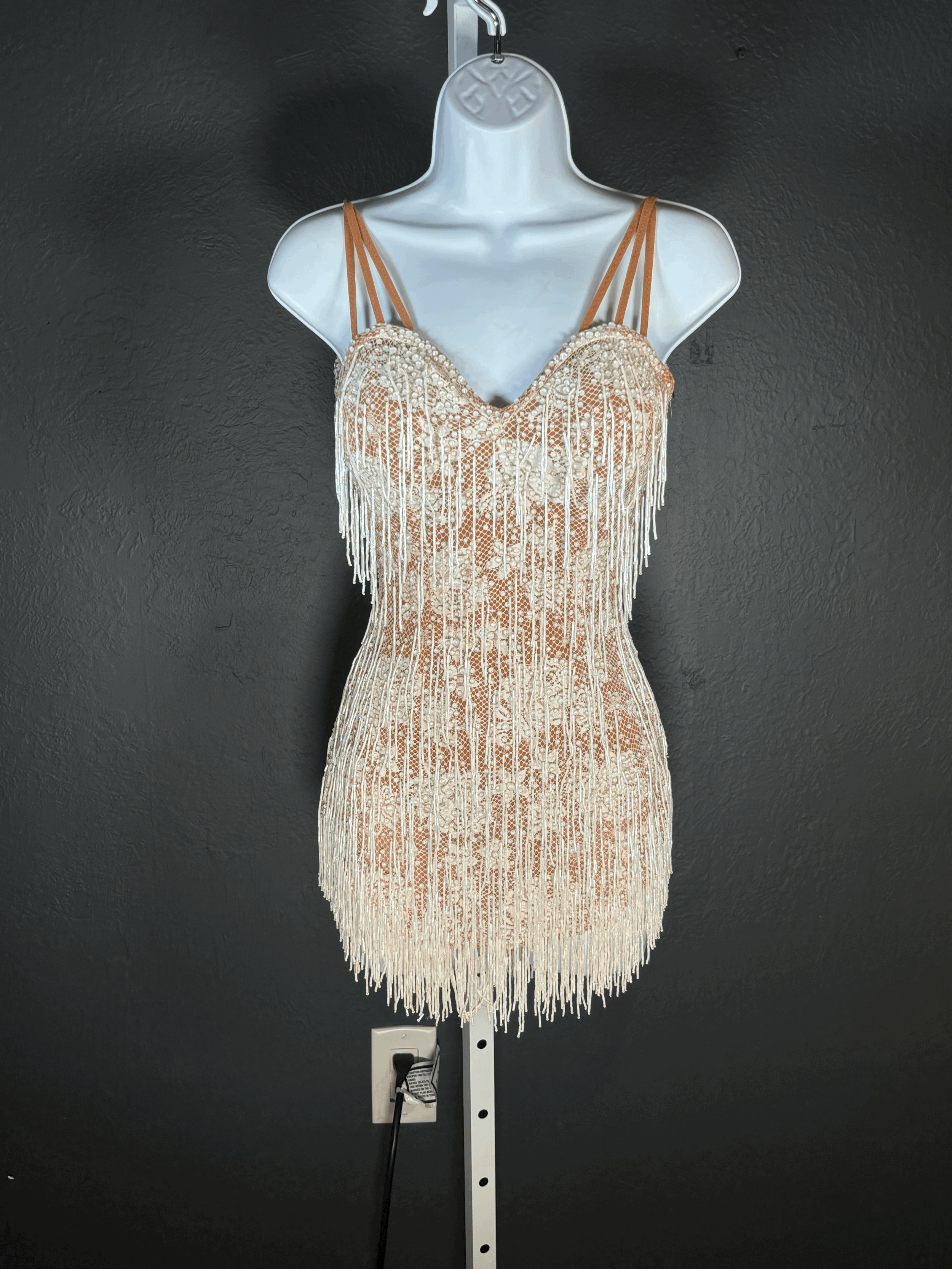 White Lace over Nude Latin with White Beaded Fringe