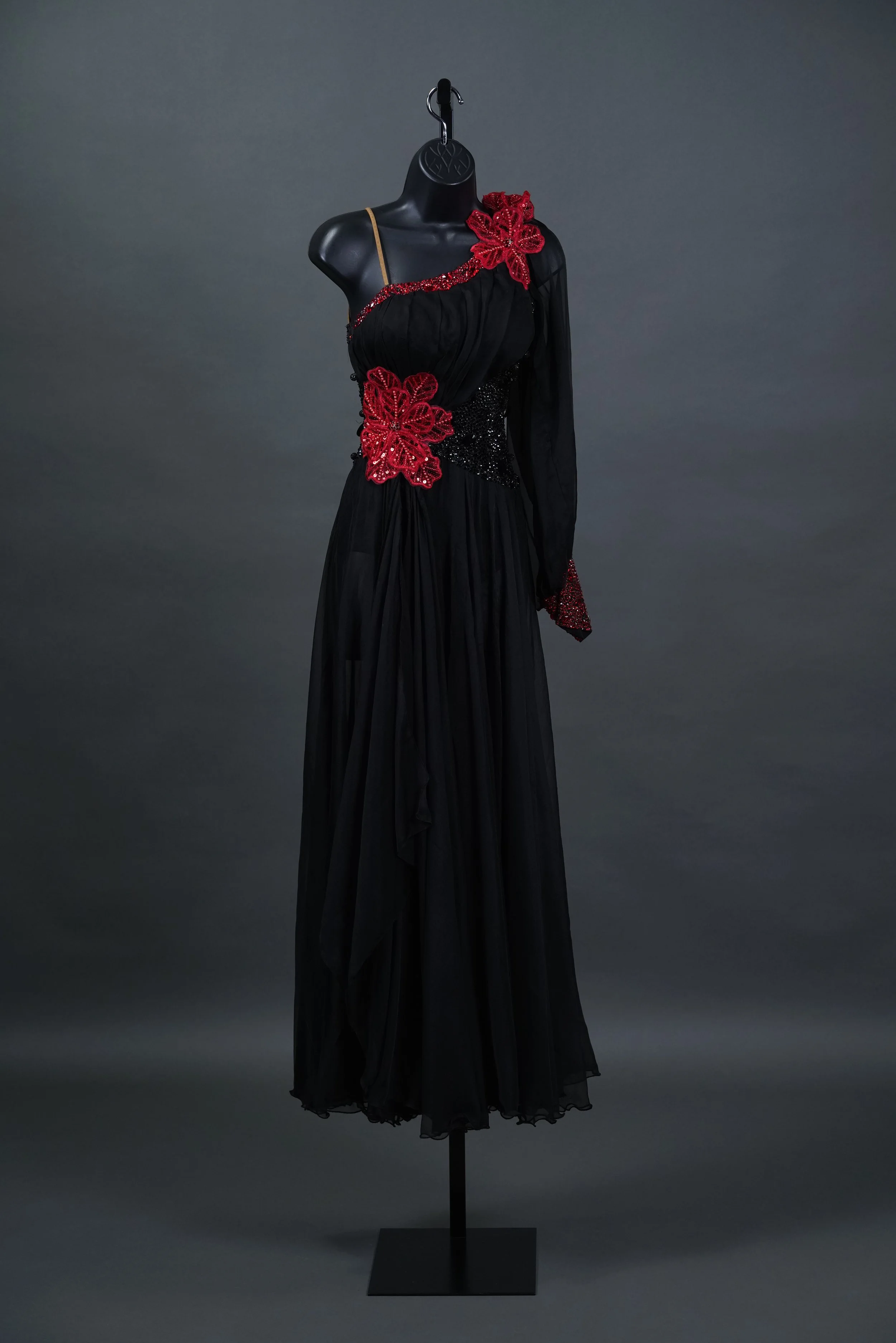 Black Chiffon Smooth with Puff Sleeve and Red 3D Flower