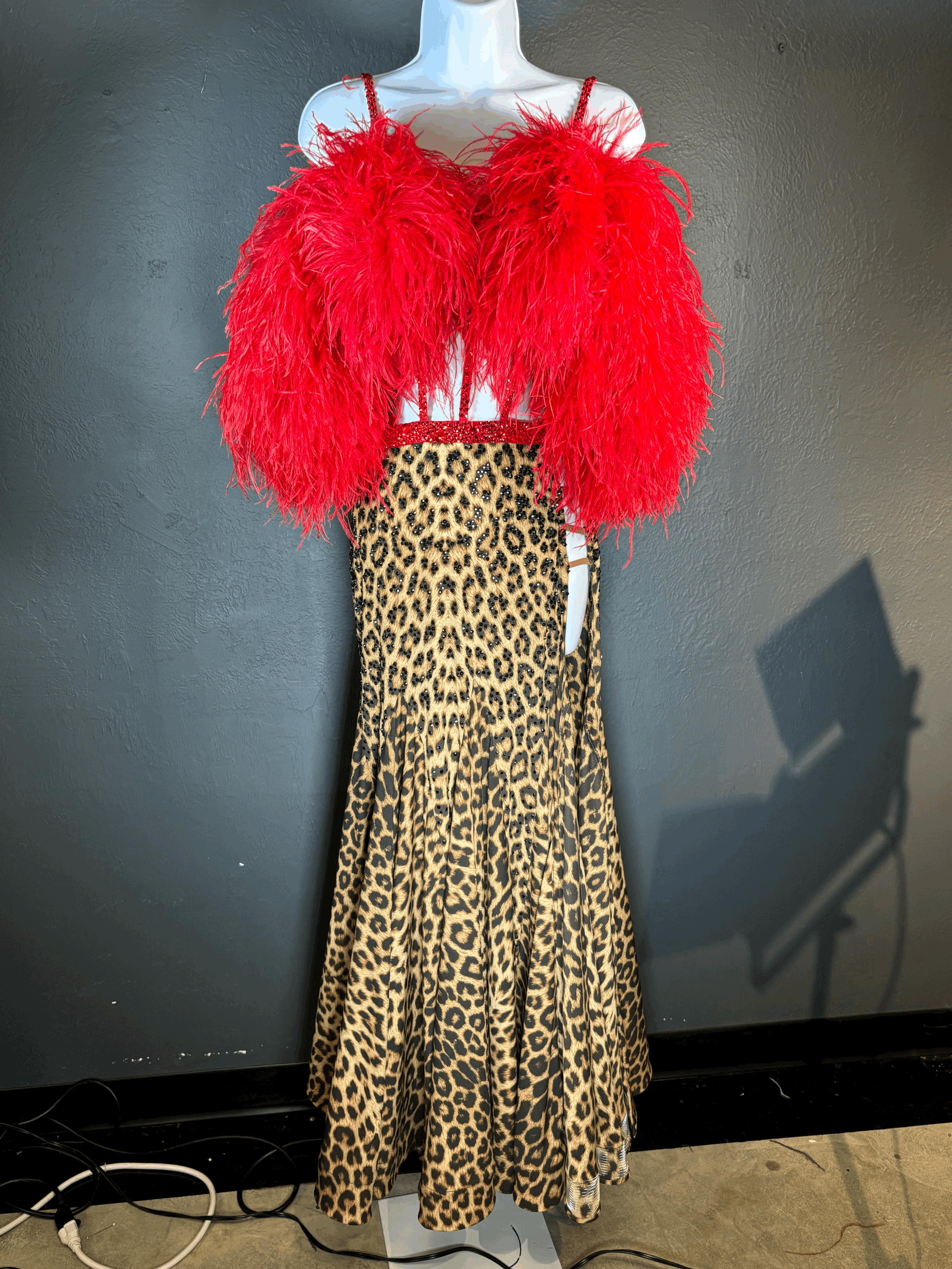 Red Ostrich Sleeved Top with Connected Leopard Skirt Smooth