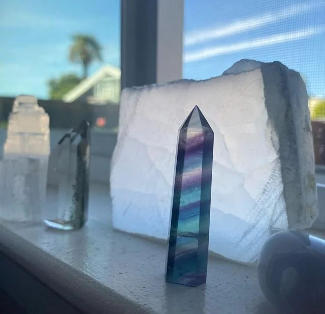Charging in the light✨ Selenite, rainbow flourite, blue chalcedony, garden quartz #crystals #tgif #nofilter #healingcrystals