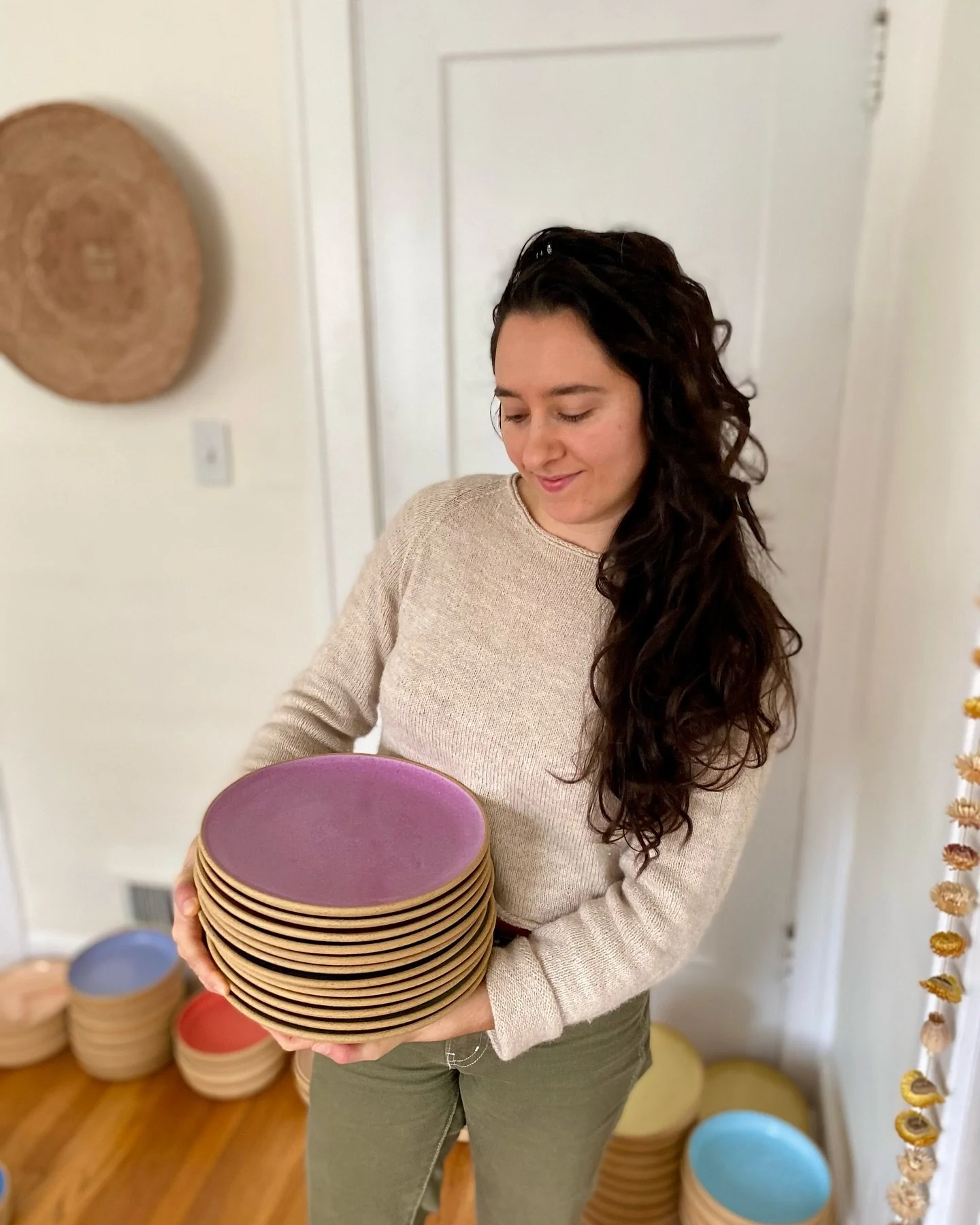 Enjoying my work over here in plate land. This past autumn I worked on the largest dish set I&rsquo;ve ever made - almost 40 pieces made so far, about a dozen to go. The third pic is of the dishes all set up as place settings for a beautiful Chanukah