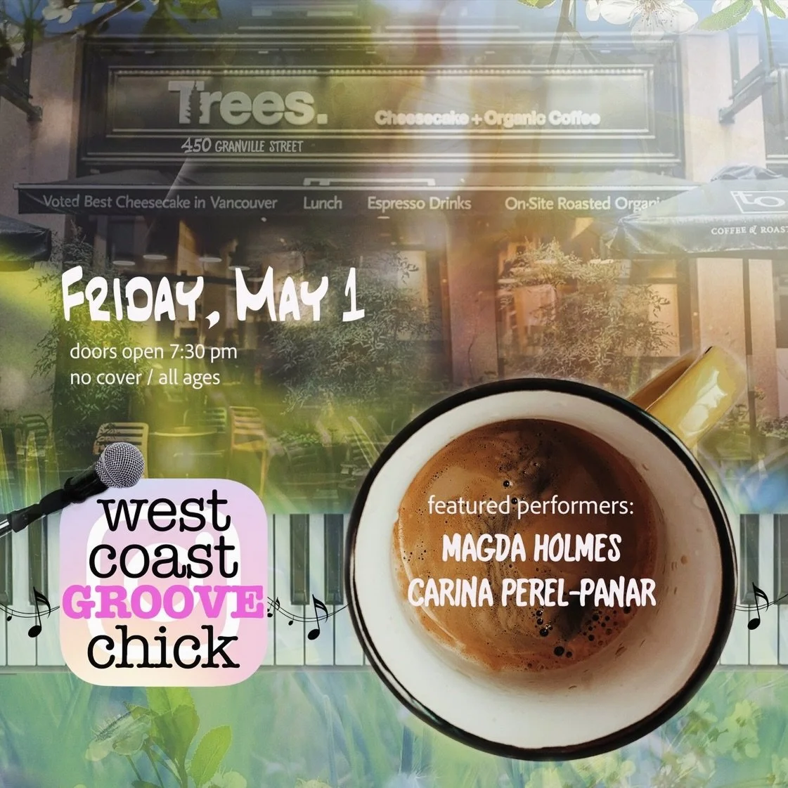 Mark your calendars! Fun stuff coming up @treescoffee in a few weeks ☕️🎹🎤🌸