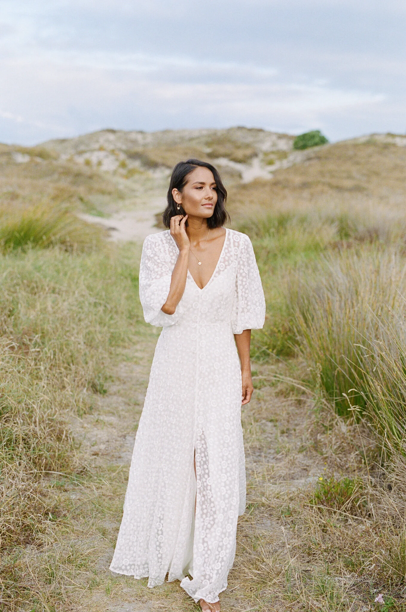 boho embroidered silk chiffon wedding dress