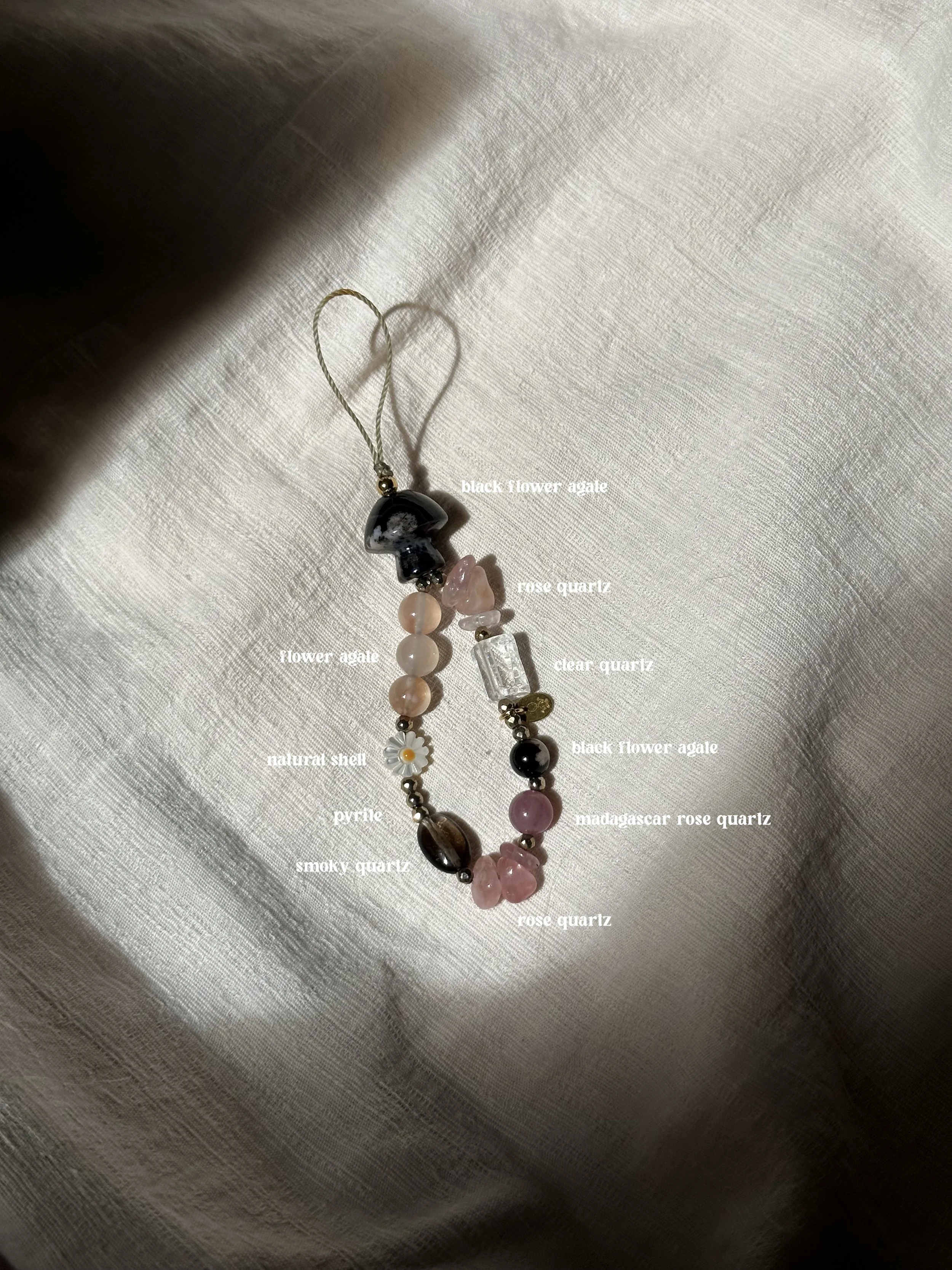 black flower agate + rose quartz, charms (petite)
