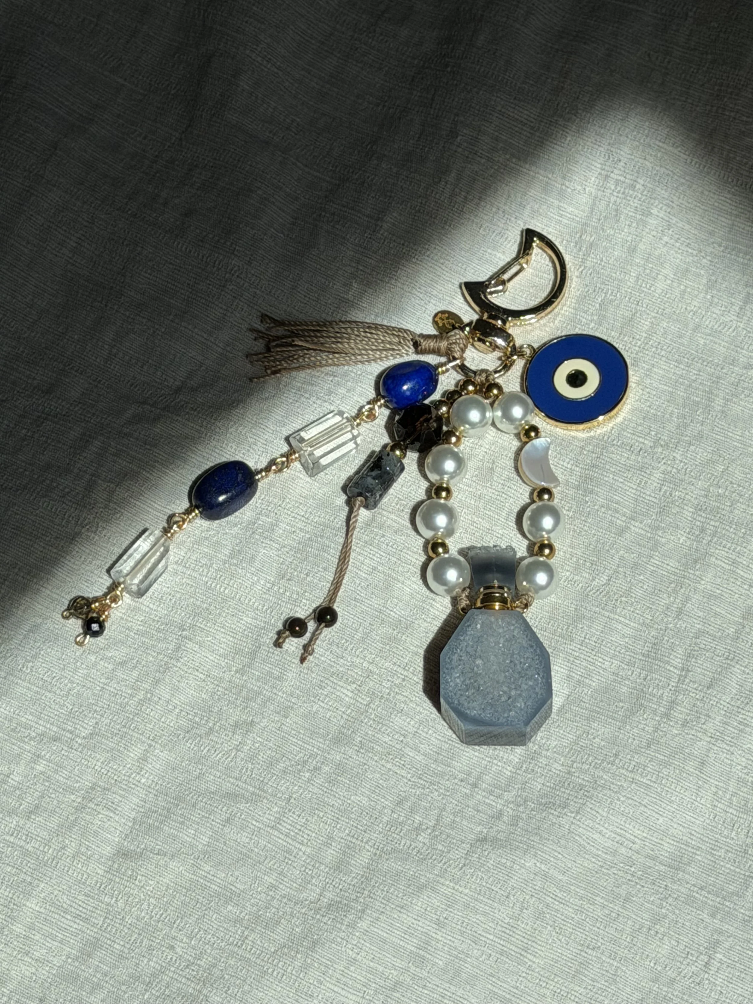 blue evil eye + druzy agate bottle bag charm