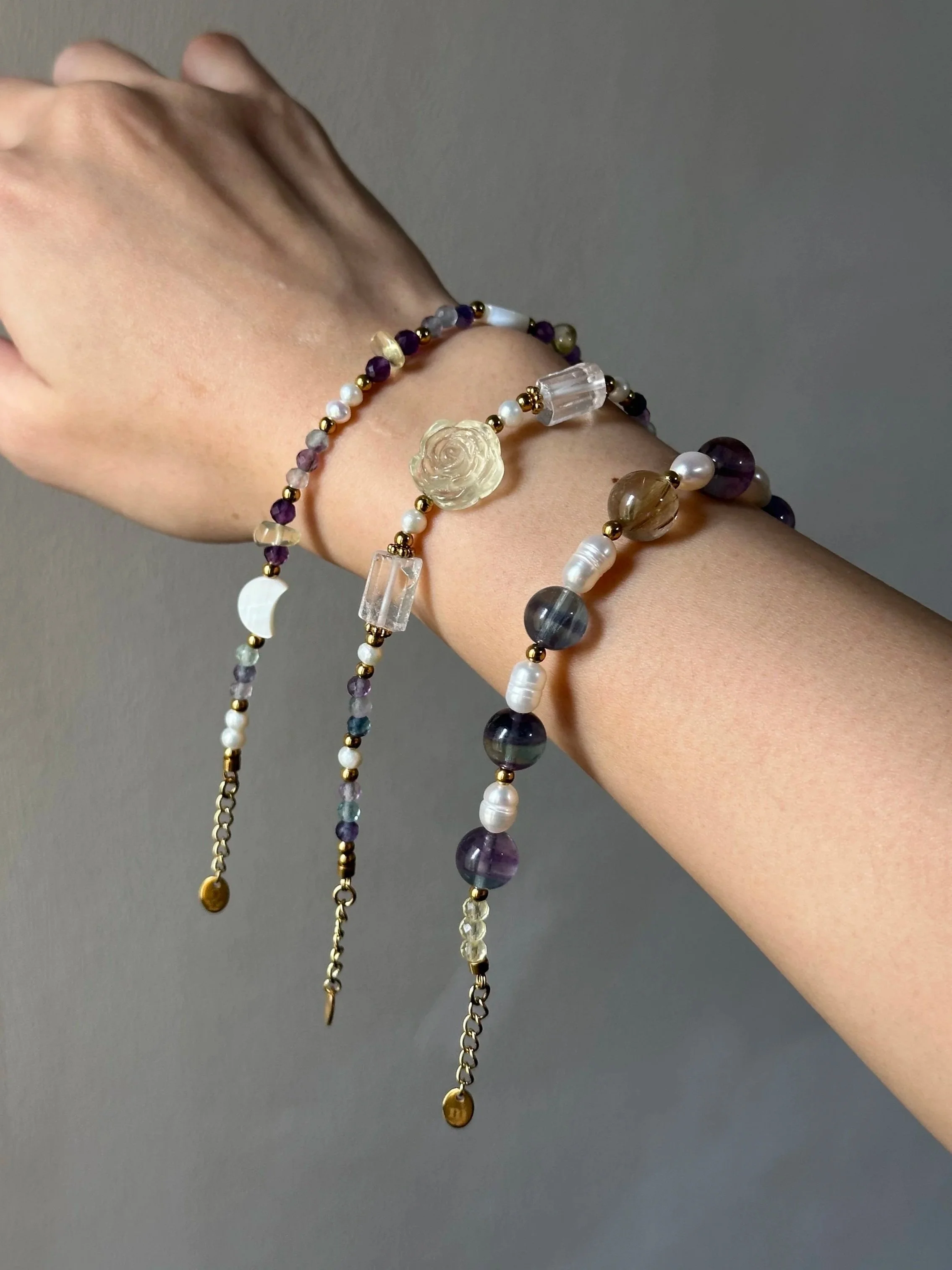 "the alchemist" rainbow fluorite + freshwater pearl + 18k gold-plated bracelets