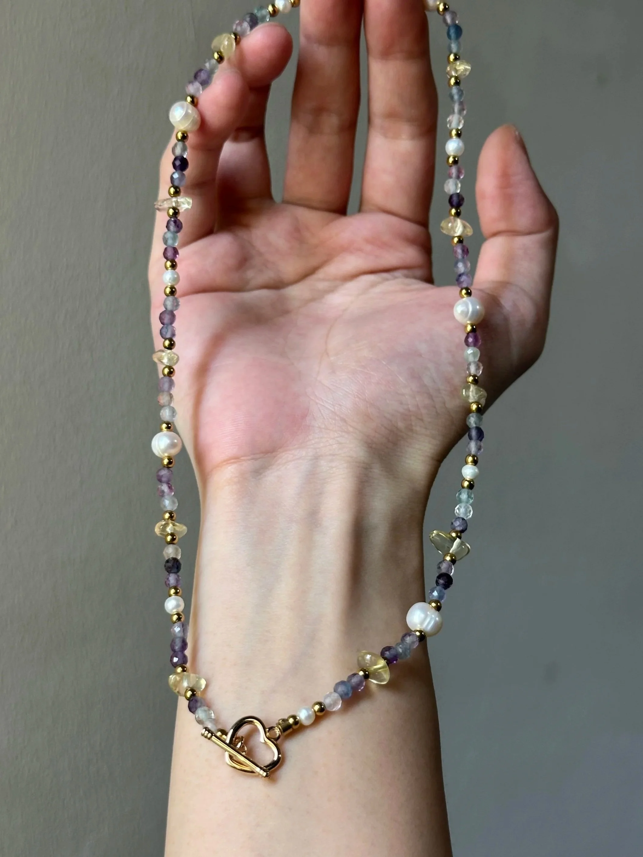"the alchemist" rainbow fluorite + freshwater pearl + 18k gold-plated necklace