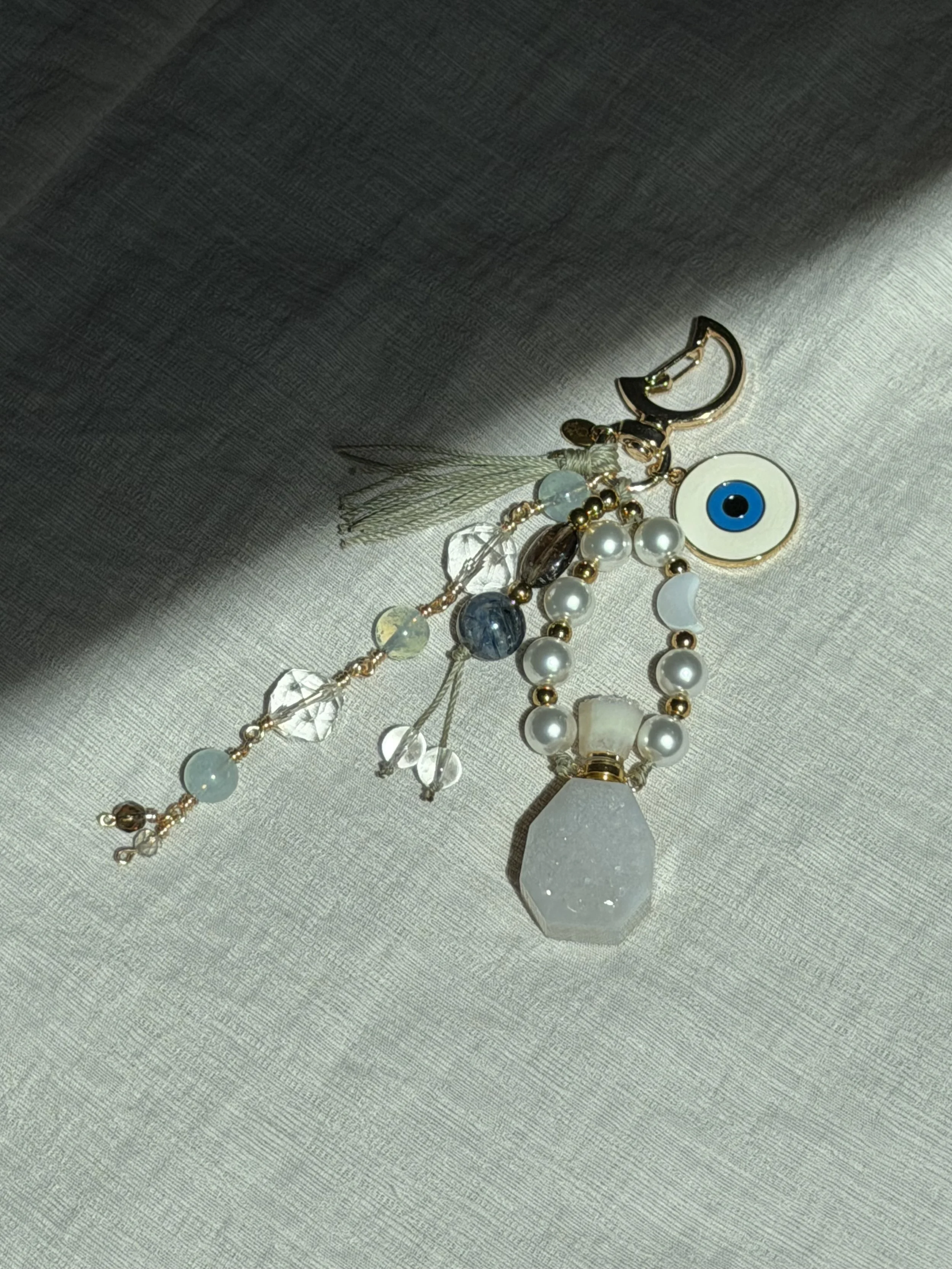 white evil eye + druzy agate bottle bag charm